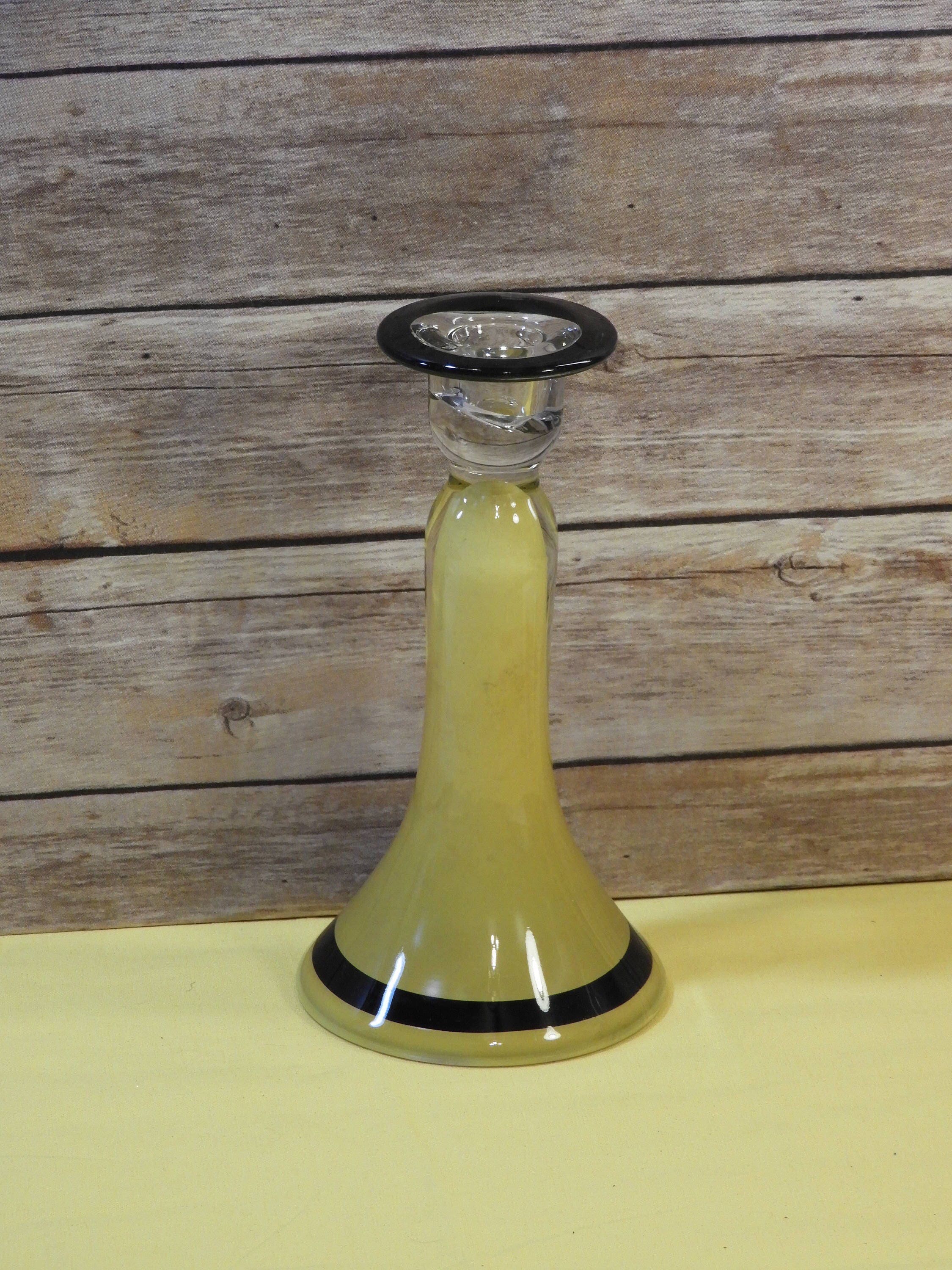 Vintage Art Deco Candle Holder, Yellow & Black Decorative Glass