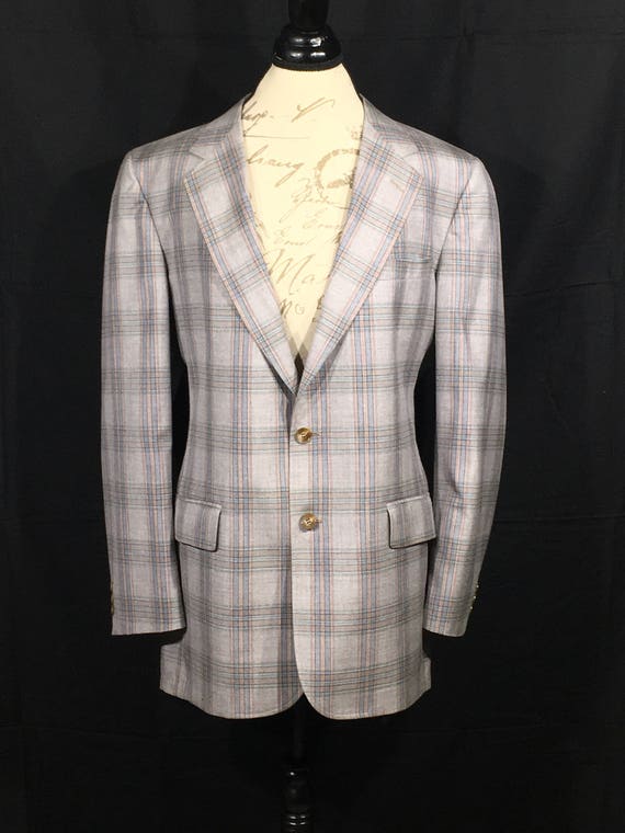 Vintage Plaid Sport Coat, Gray Silver Base Blue Pl