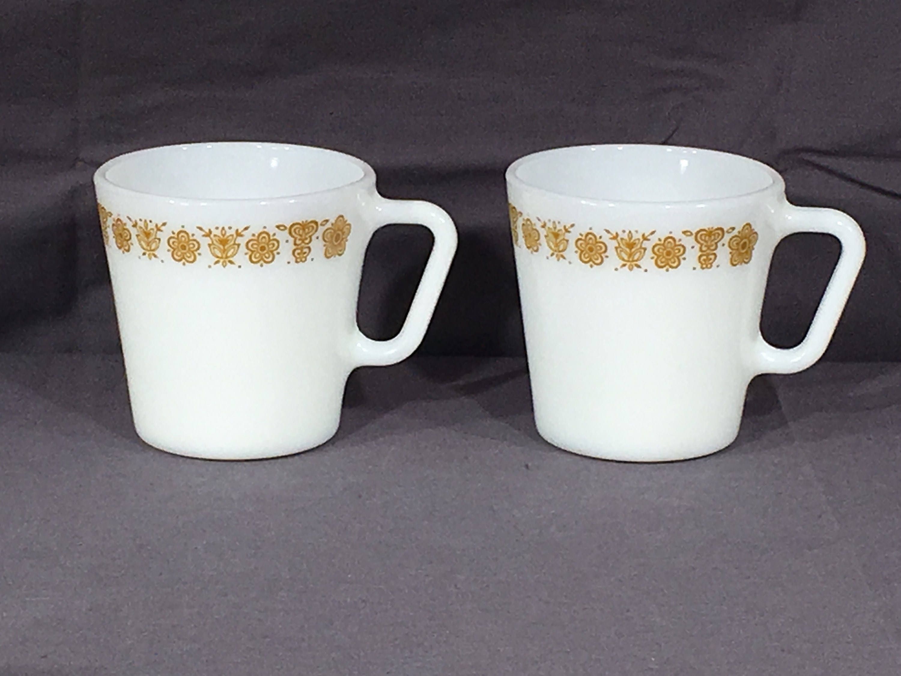 Vintage Butterfly Gold Mugs (2), Pyrex D Handle 1410 Coffee Cups, White