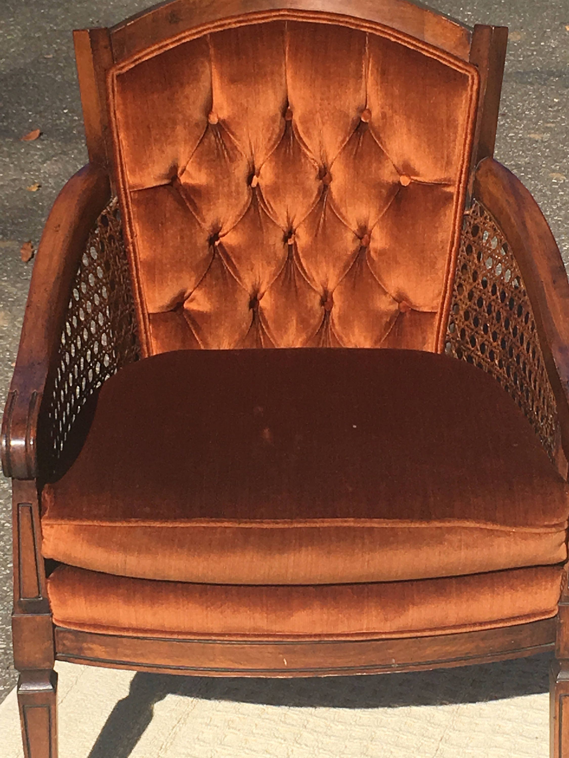 Vintage Rattan & Velvet Chair, Mid Century Furniture, Brown Copper