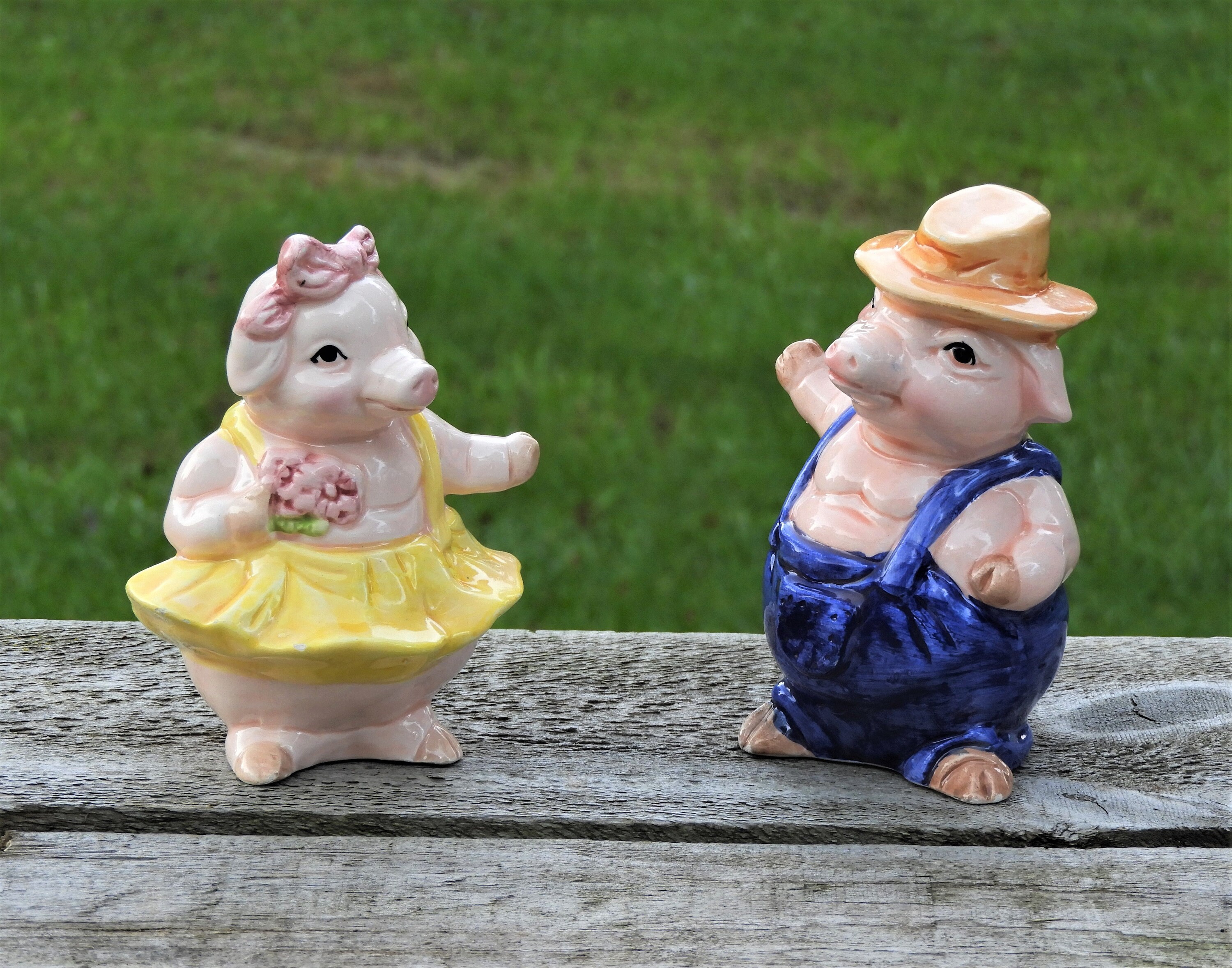 Vintage Pig Figurines (2), Farmer & Tutu Pig, Pink and Yellow Farm Figures, Decorative Hog