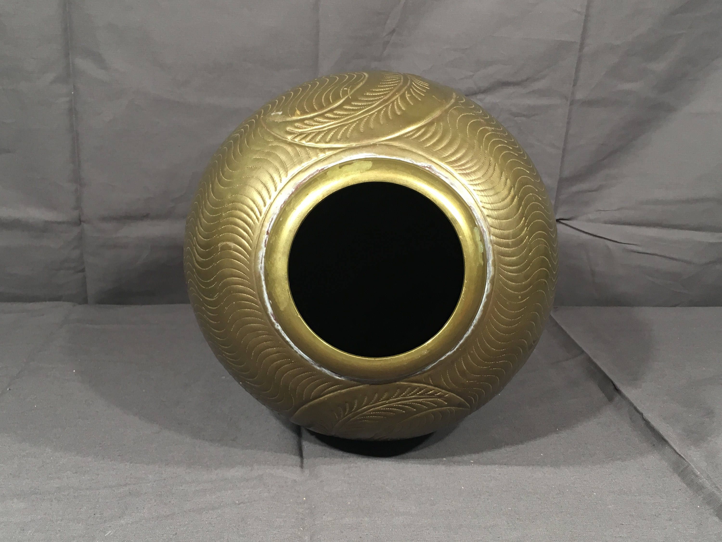 Vintage Brass Floor Vase, Engraved Metal Vase, Decorative Gold Vase