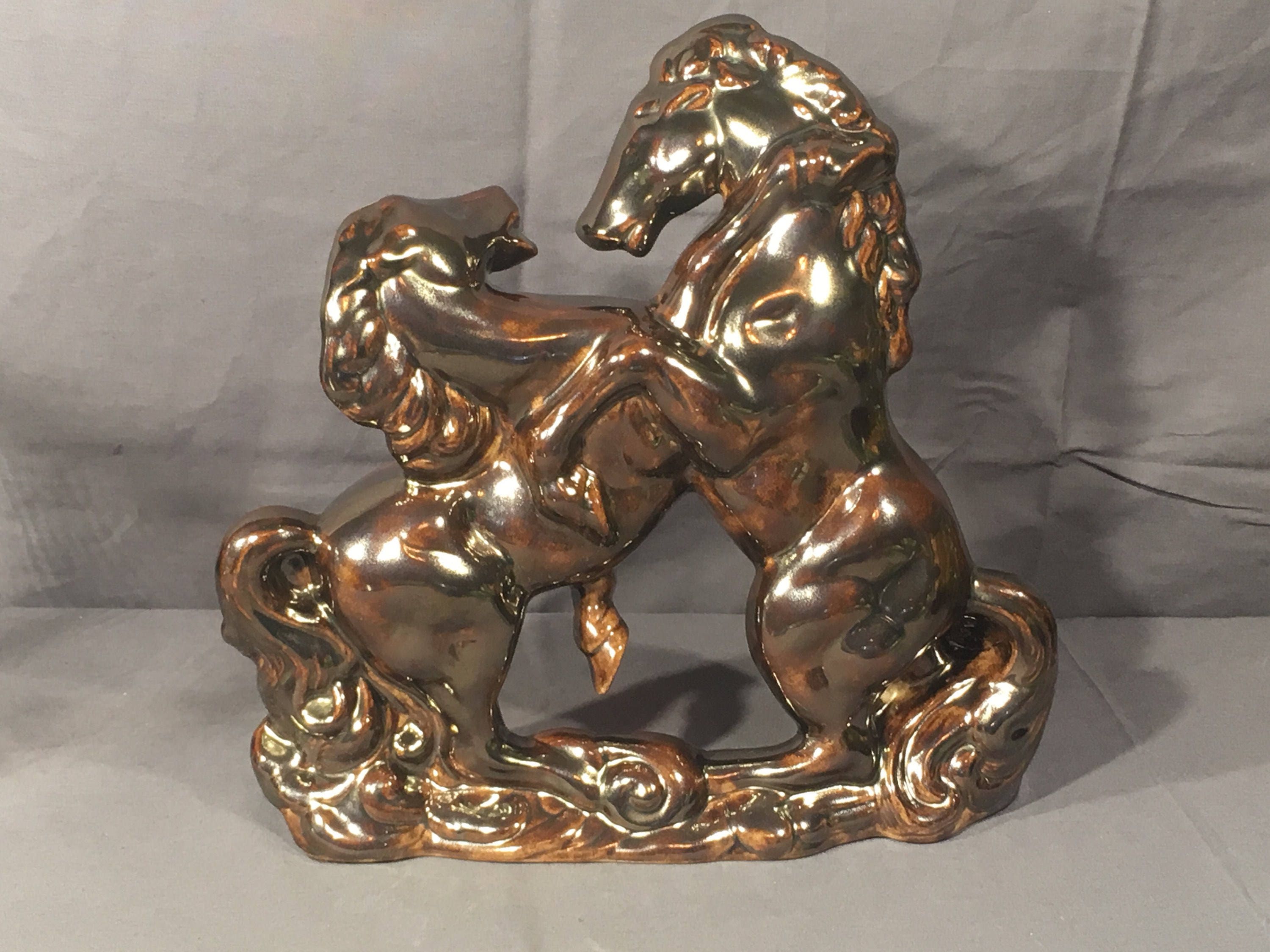 Vintage Horse Statue, Decorative Fighting Stallions Statue, Brown