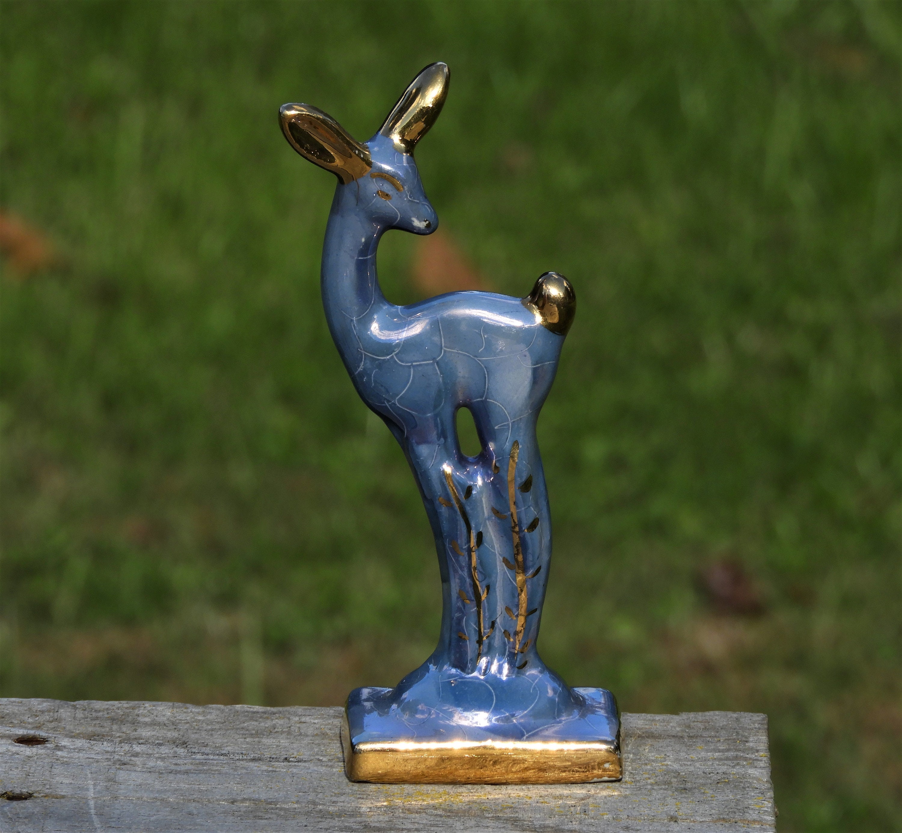 Vintage Deer Figurine, Blue & Gold Porcelain Figure, Animal Statue, Decorative Wildlife Art