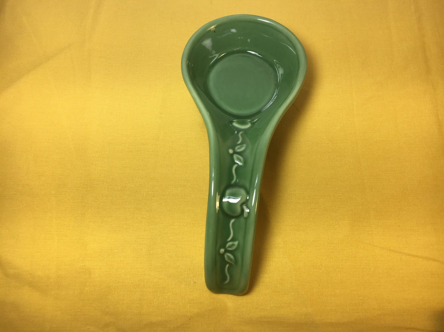 Green Ceramic Spoon Rest, 8 Countertop Spoon Rest, Embossed Apple