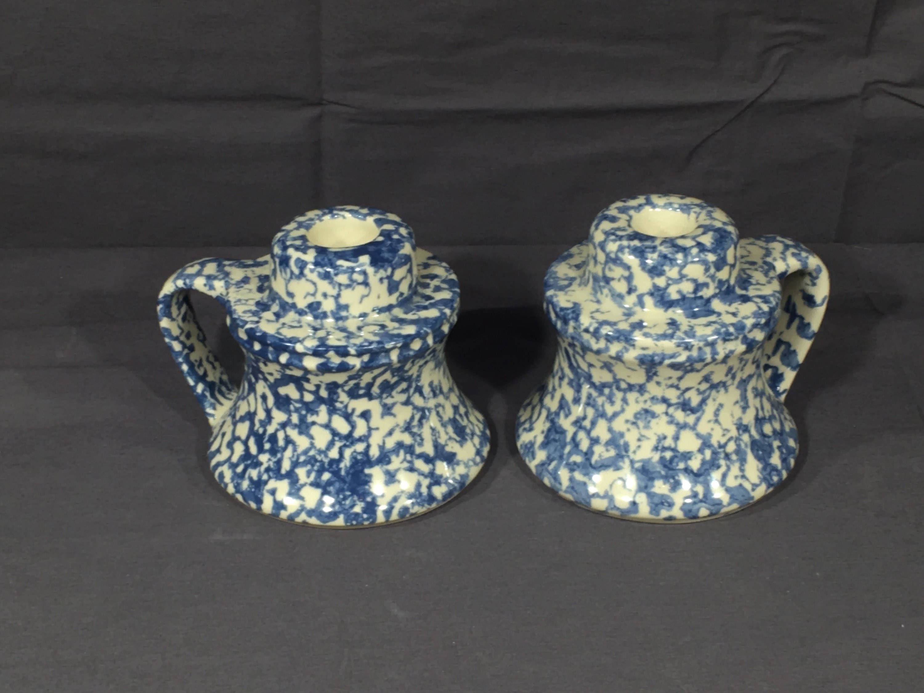 Vintage Sponge Ware Candle Holders (2), Decorative Blue White Chamber