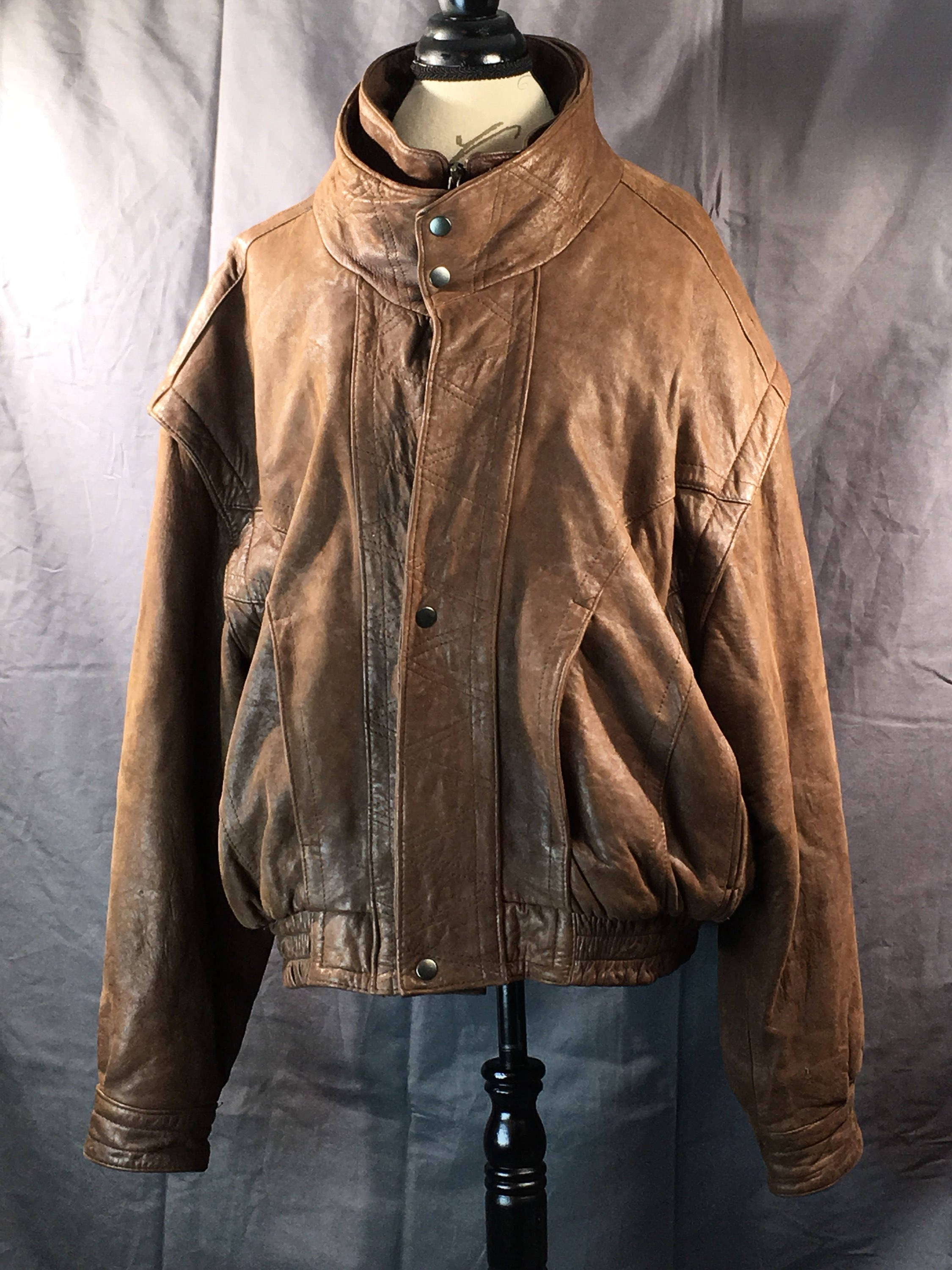 Vintage Men's Leather Jacket, Mens Large Brown Jacket, Genuine Leather ...