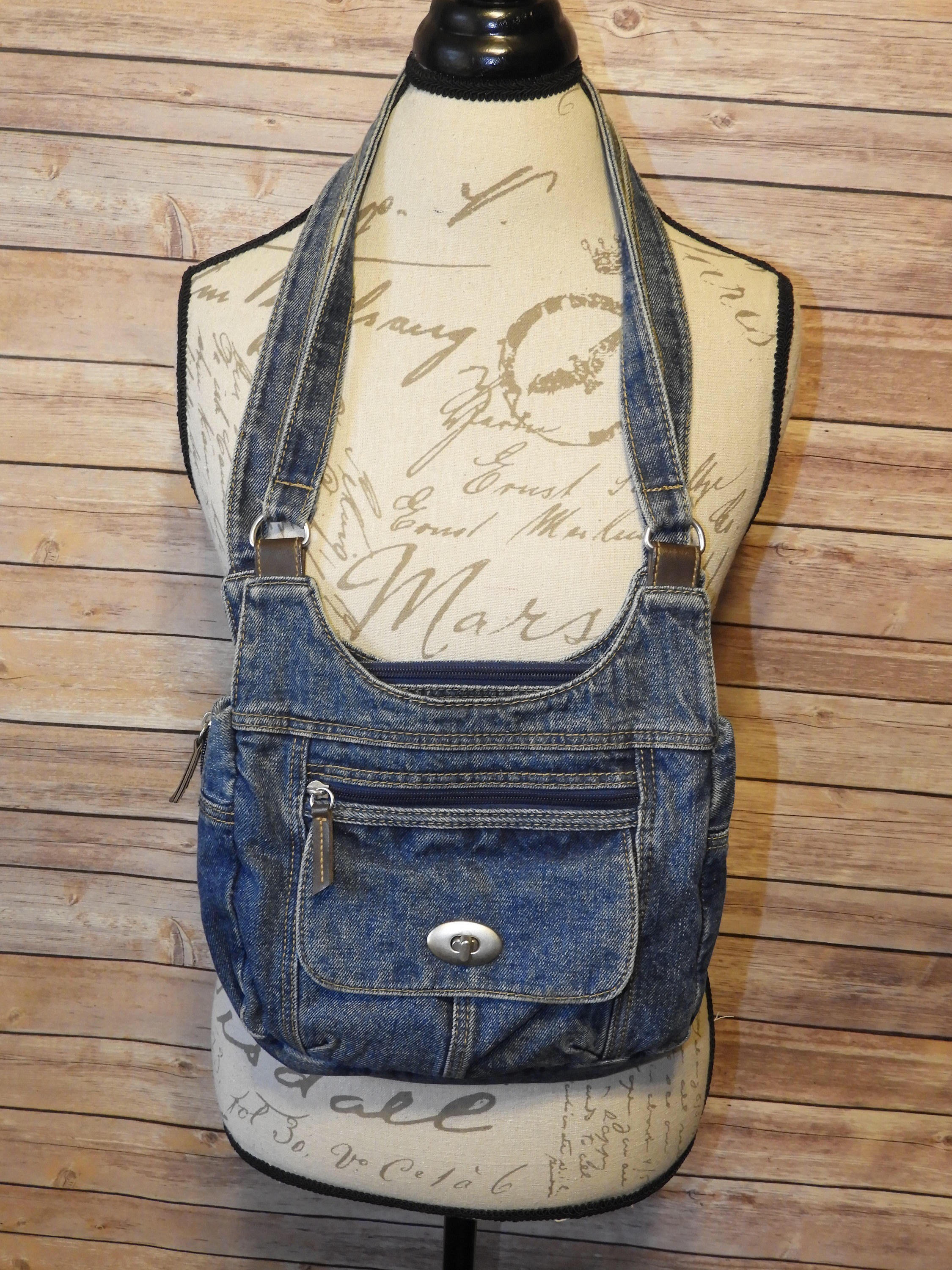 Vintage Denim Blue Jean Shoulder Hand Bag, Blue MultiSection Evening