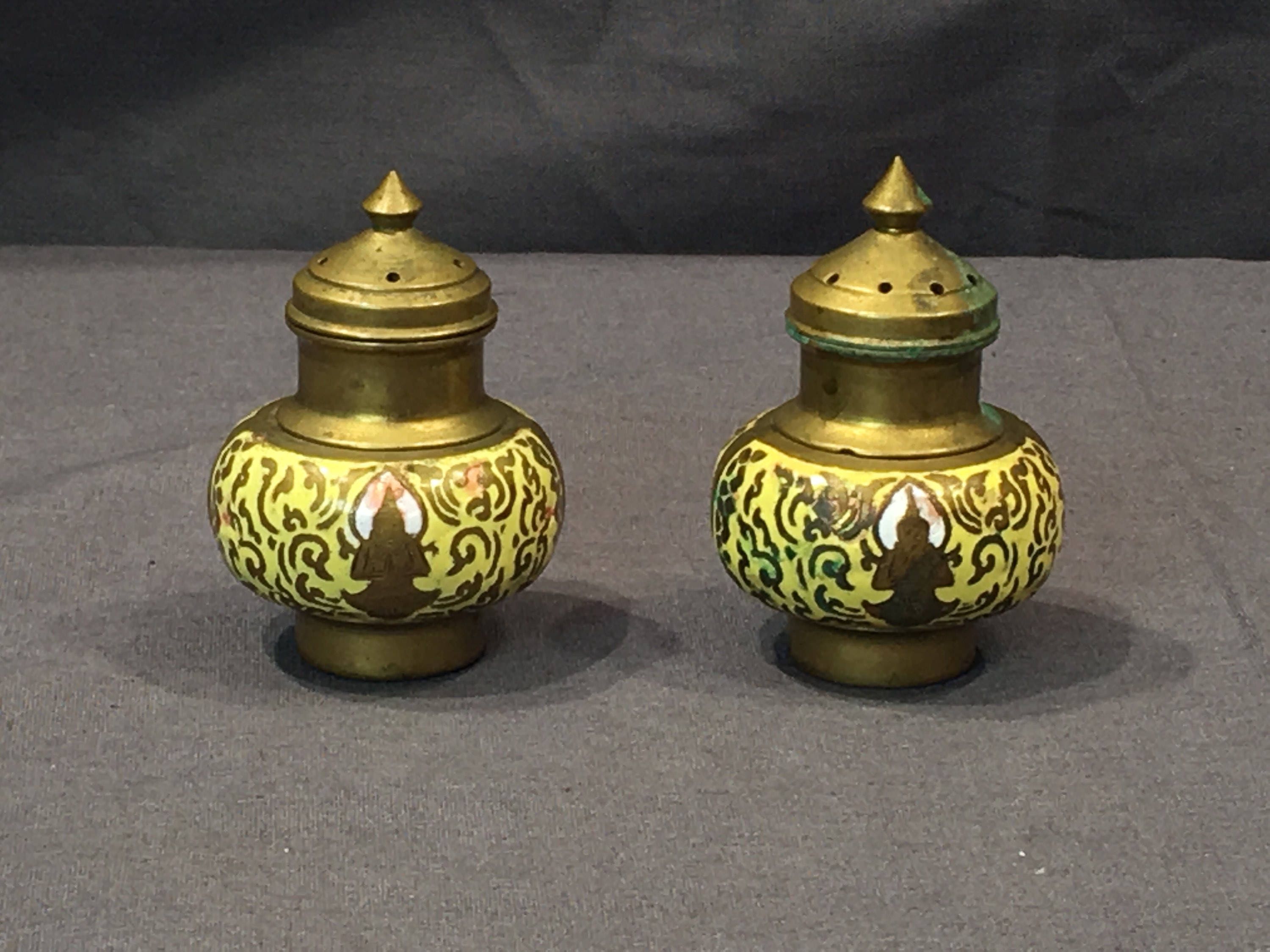 Vintage Salt & Pepper Shakers, Yellow and Gold Decorative Shakers, Collectible Brass, Dinnerware