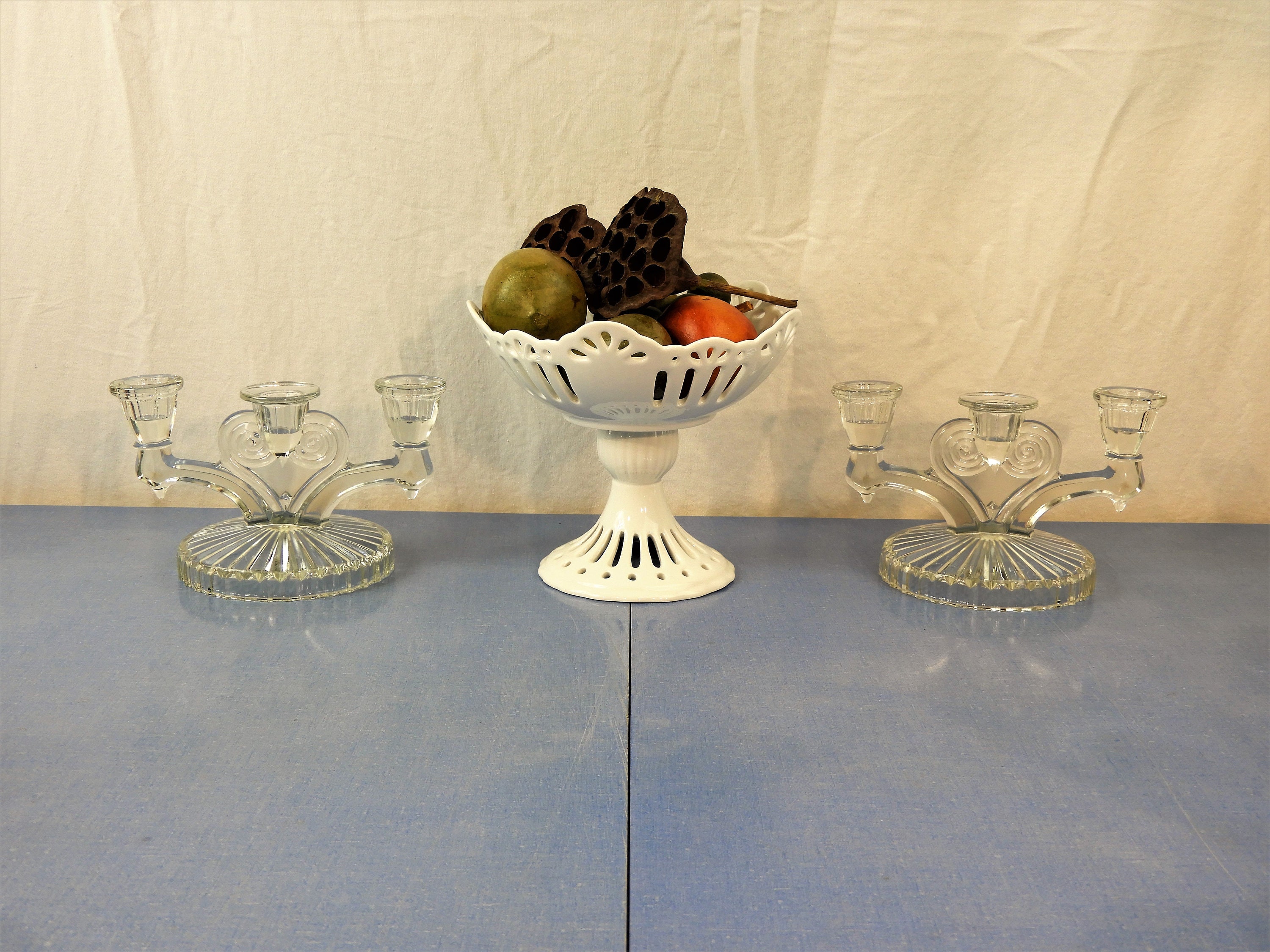 Vintage Glass Candelabras (2), Art Deco Decor, Triple Cup Candle