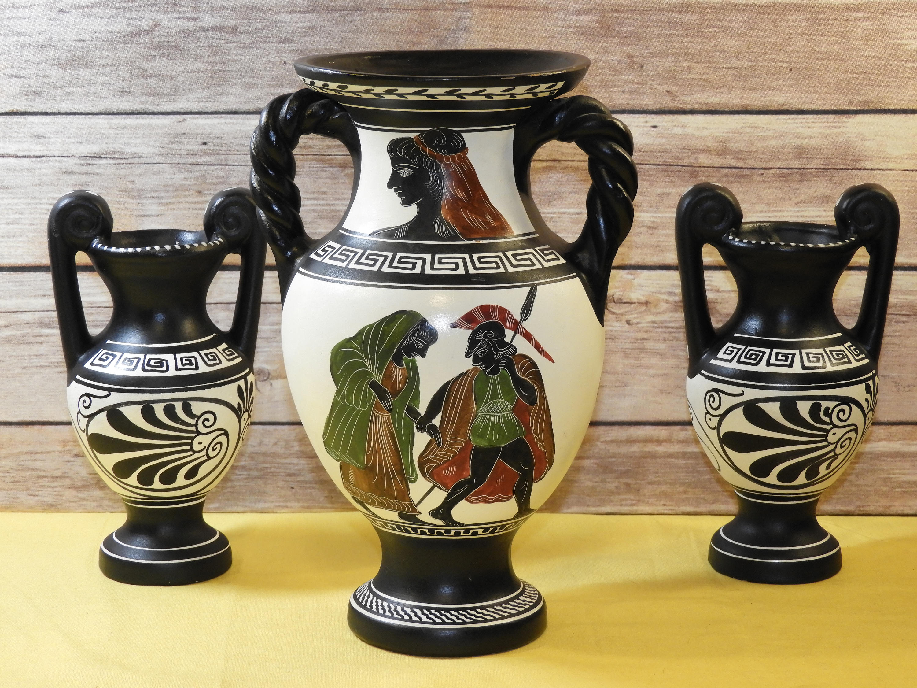 Vintage Greek Geometric Amphora Vase Urn Set (3 pcs), Black Attic
