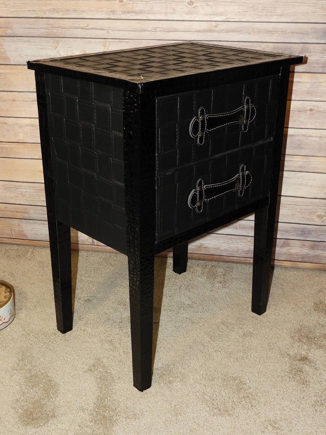 Vintage Black Leather Accent Table, Faux Patent Black Foyer Display Table, Black Night Stand End