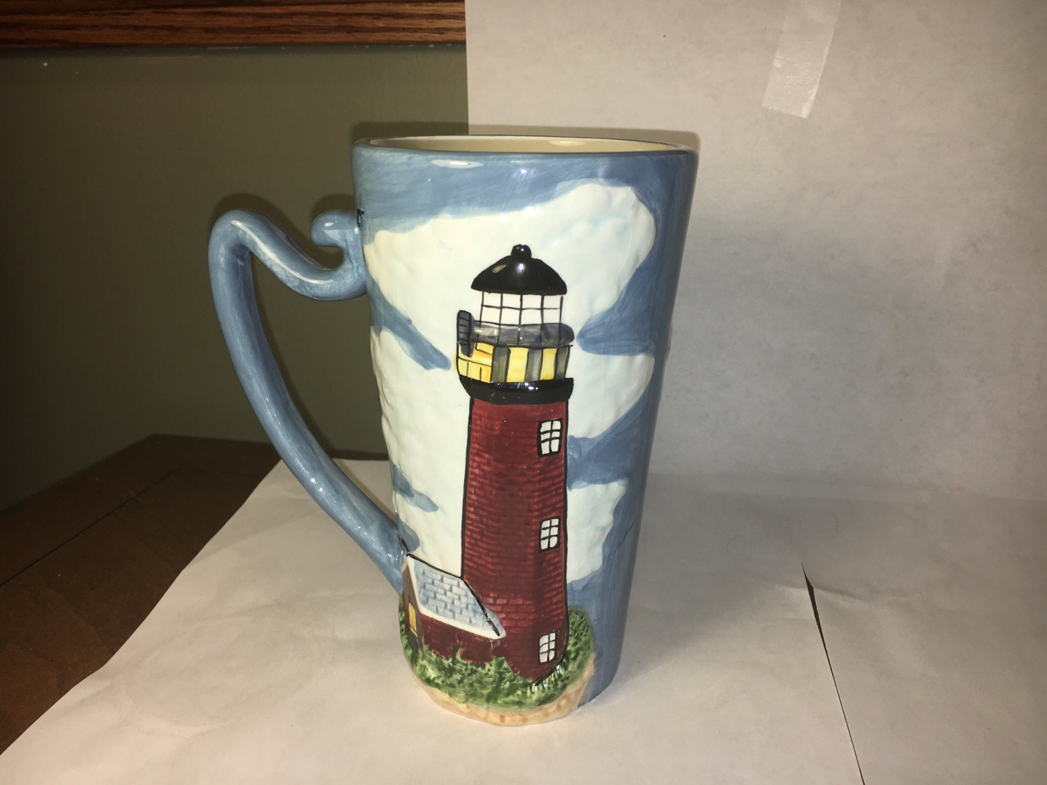 Vintage Lighthouse Art Mug, Collectible Blue Sky White ...