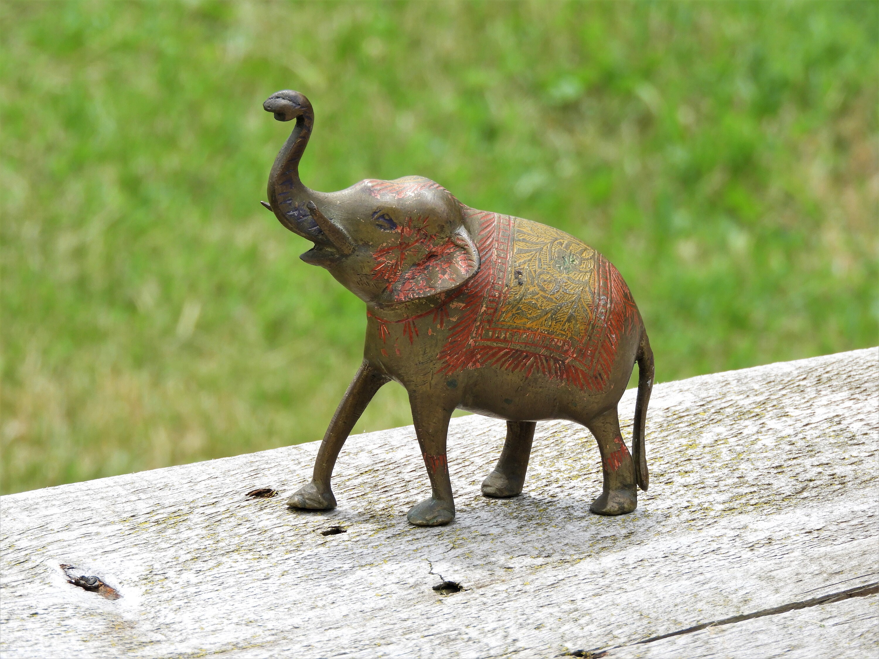 Vintage Asian Elephant, Ornate Brass Figurine, Carved & Hammered Metal
