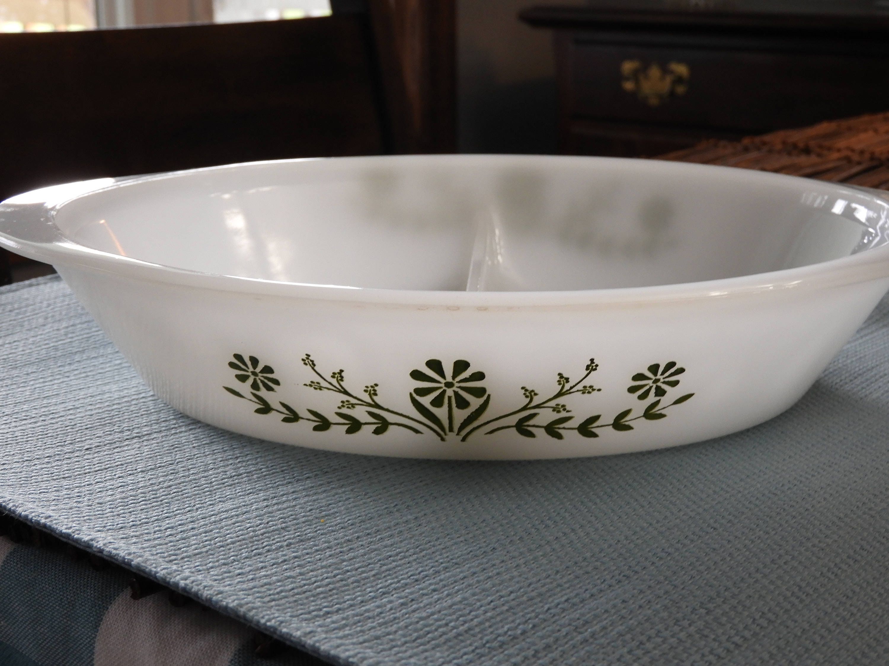 Vintage Glasbake Oval Divided Vegetable Dish White With Green Daisy