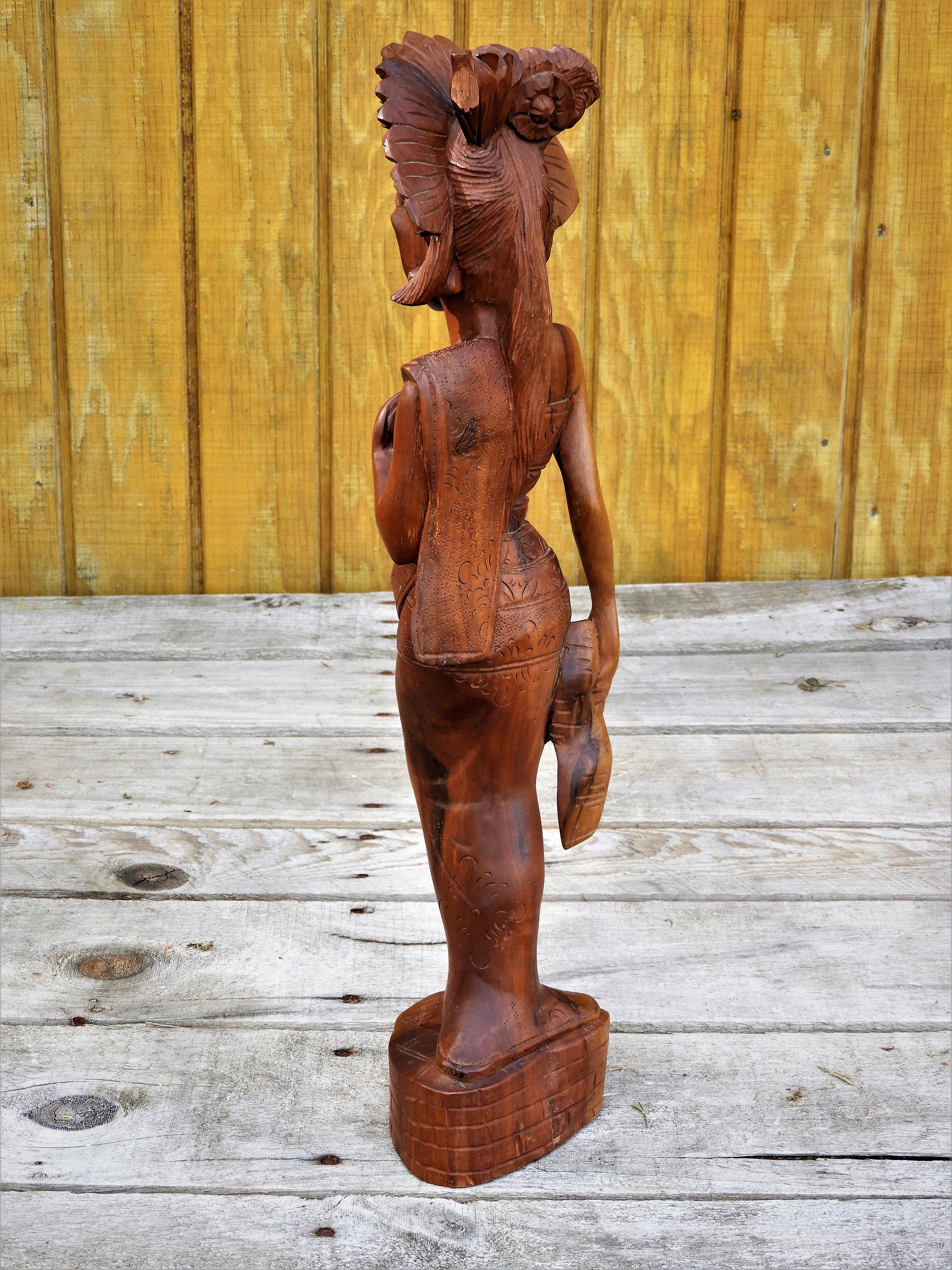 Vintage Oriental Statue, Asian Lady Carving, Carved Teak Style Wood