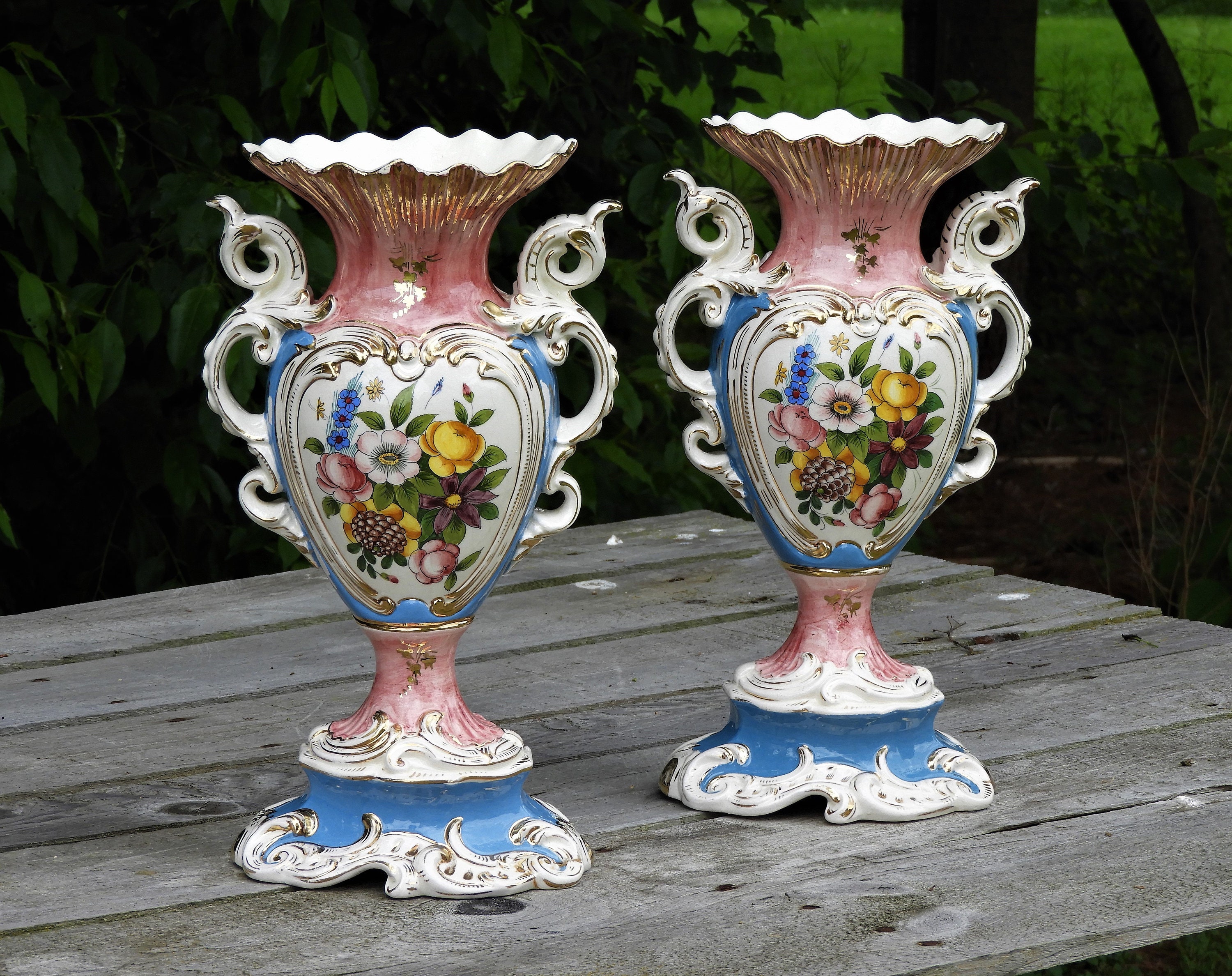 Vintage Italian Vases 2 Victorian Rococo Aged Porcelain Gold