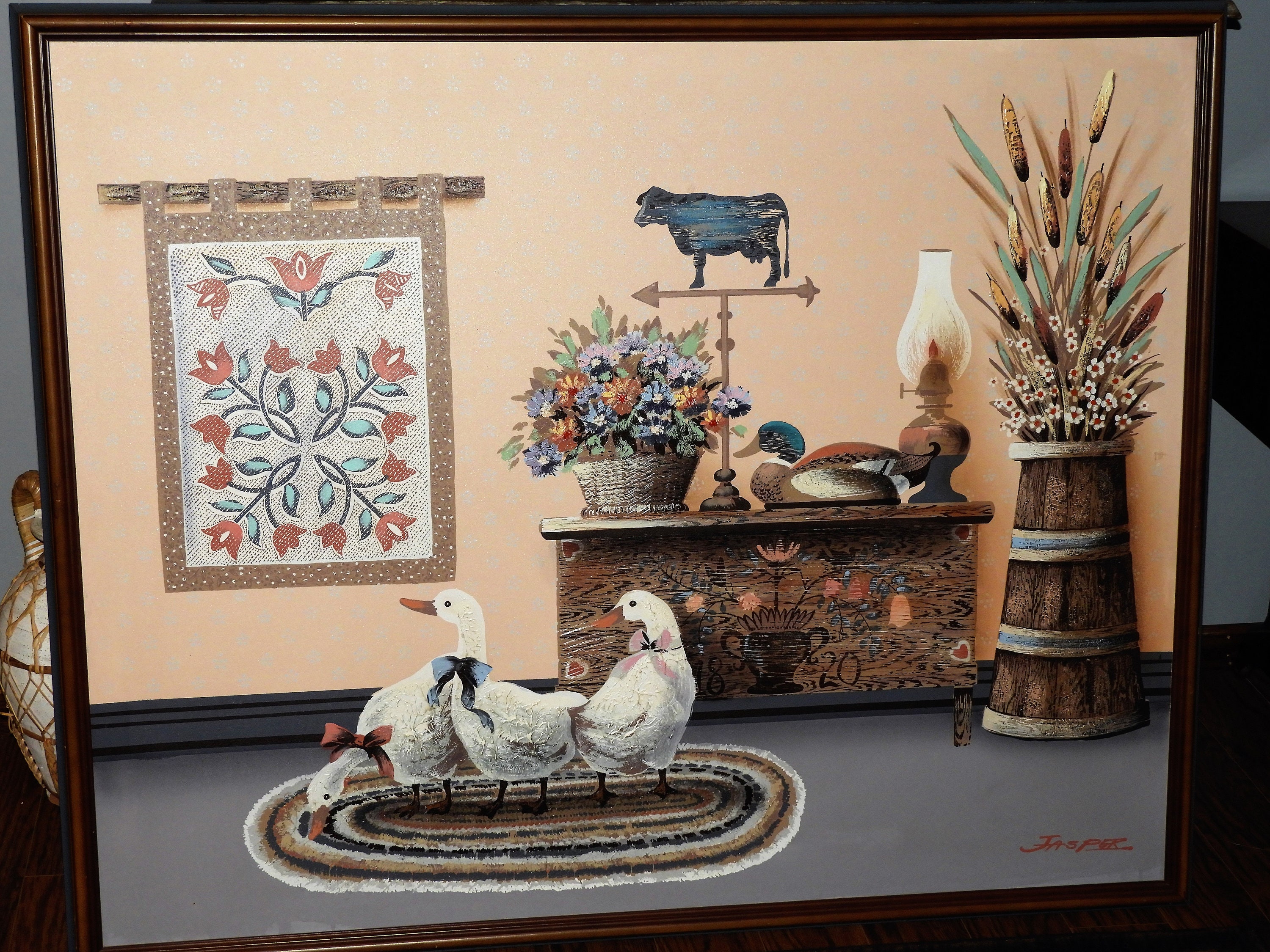 Vintage Country Geese Oil Painting, Signed Oil On Canvas Wall Art