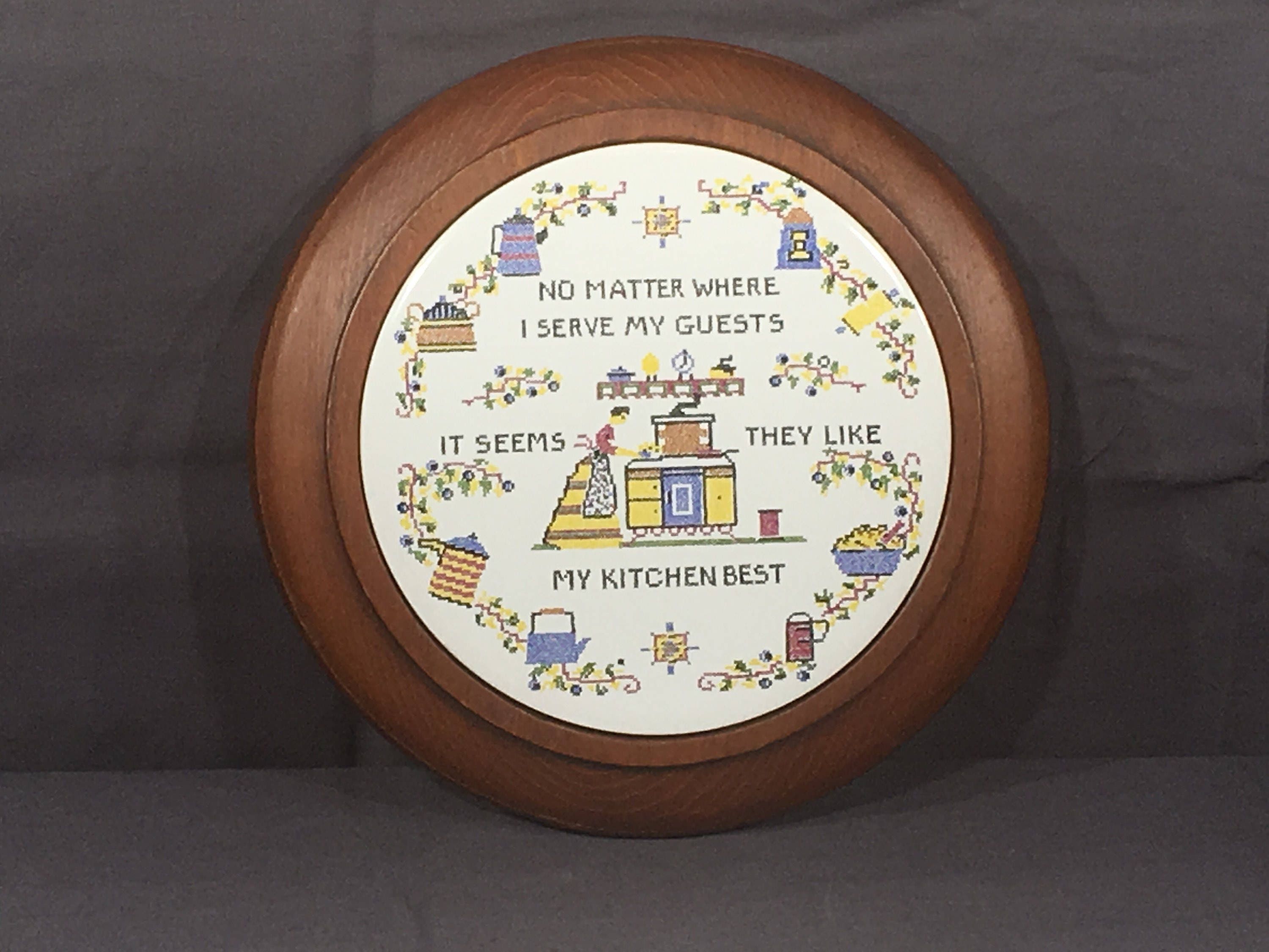 Vintage Round Trivet Decorative Kitchen Potholder White Blue Ceramic Pot Holder Wood Frame Collectible Ceramic Art Countertop Art