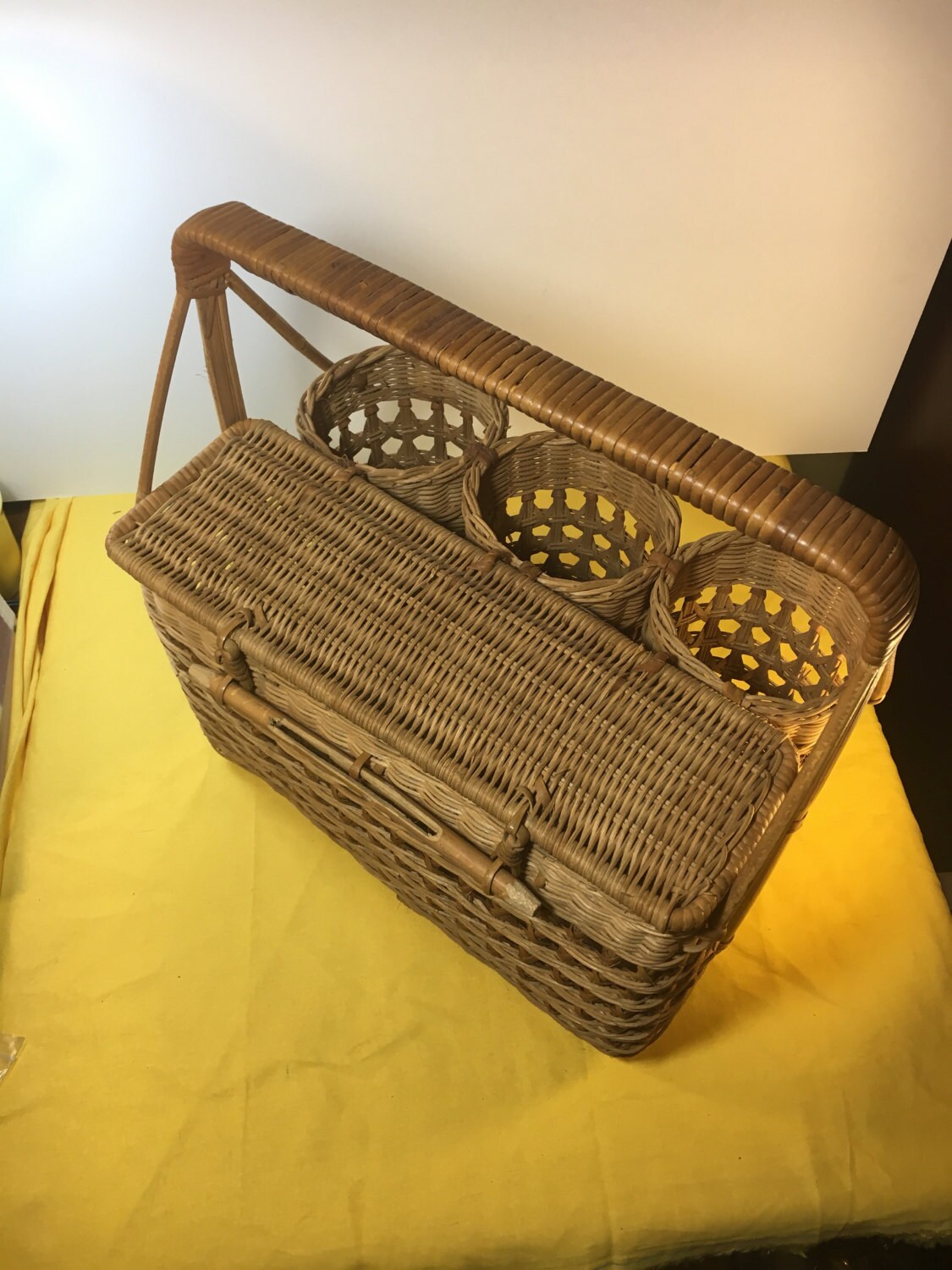 Vintage Rattan Picnic Basket, Brown Wine Cheese Wicker Rattan Basket