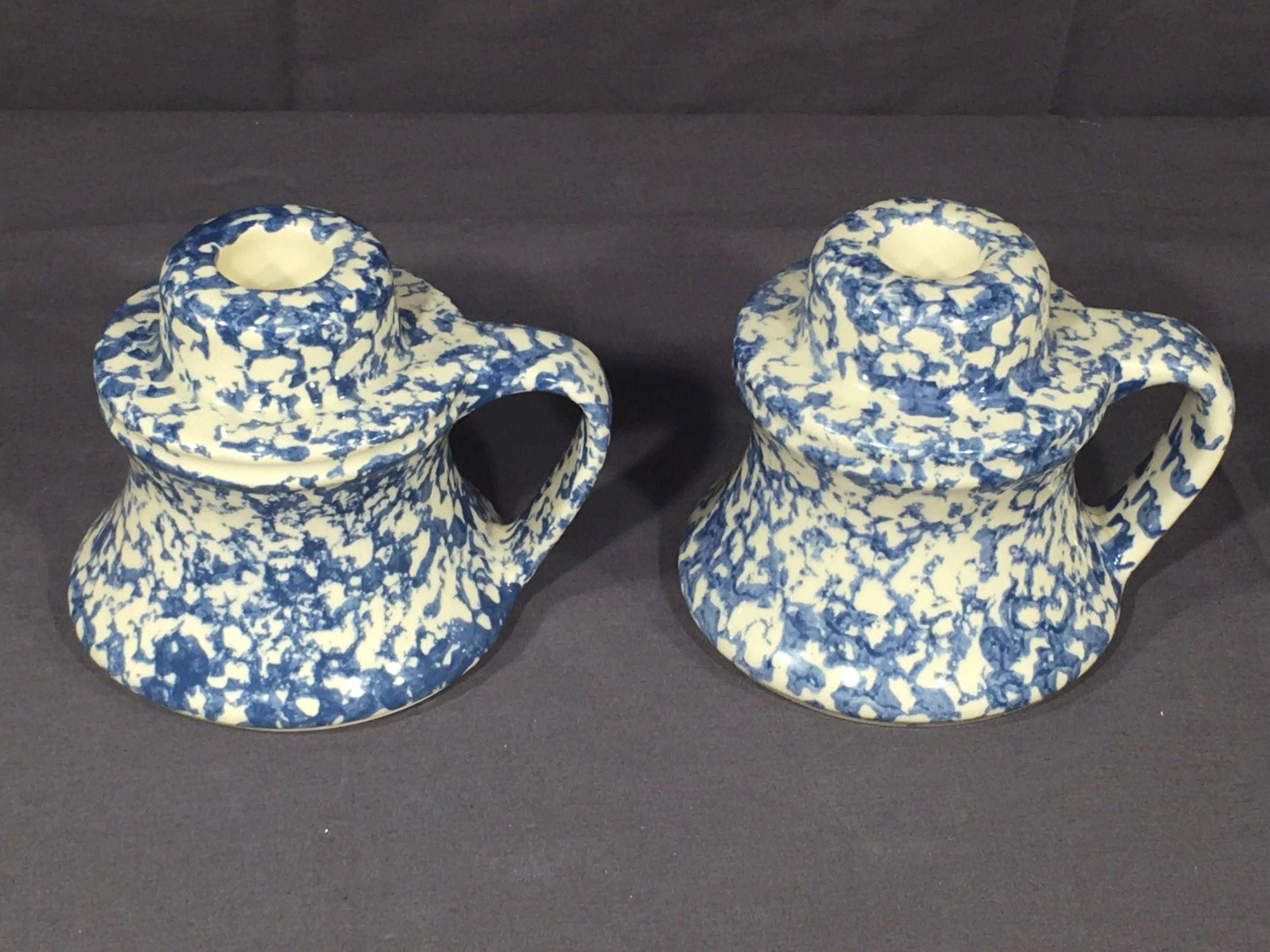 Vintage Sponge Ware Candle Holders (2), Decorative Blue White Chamber