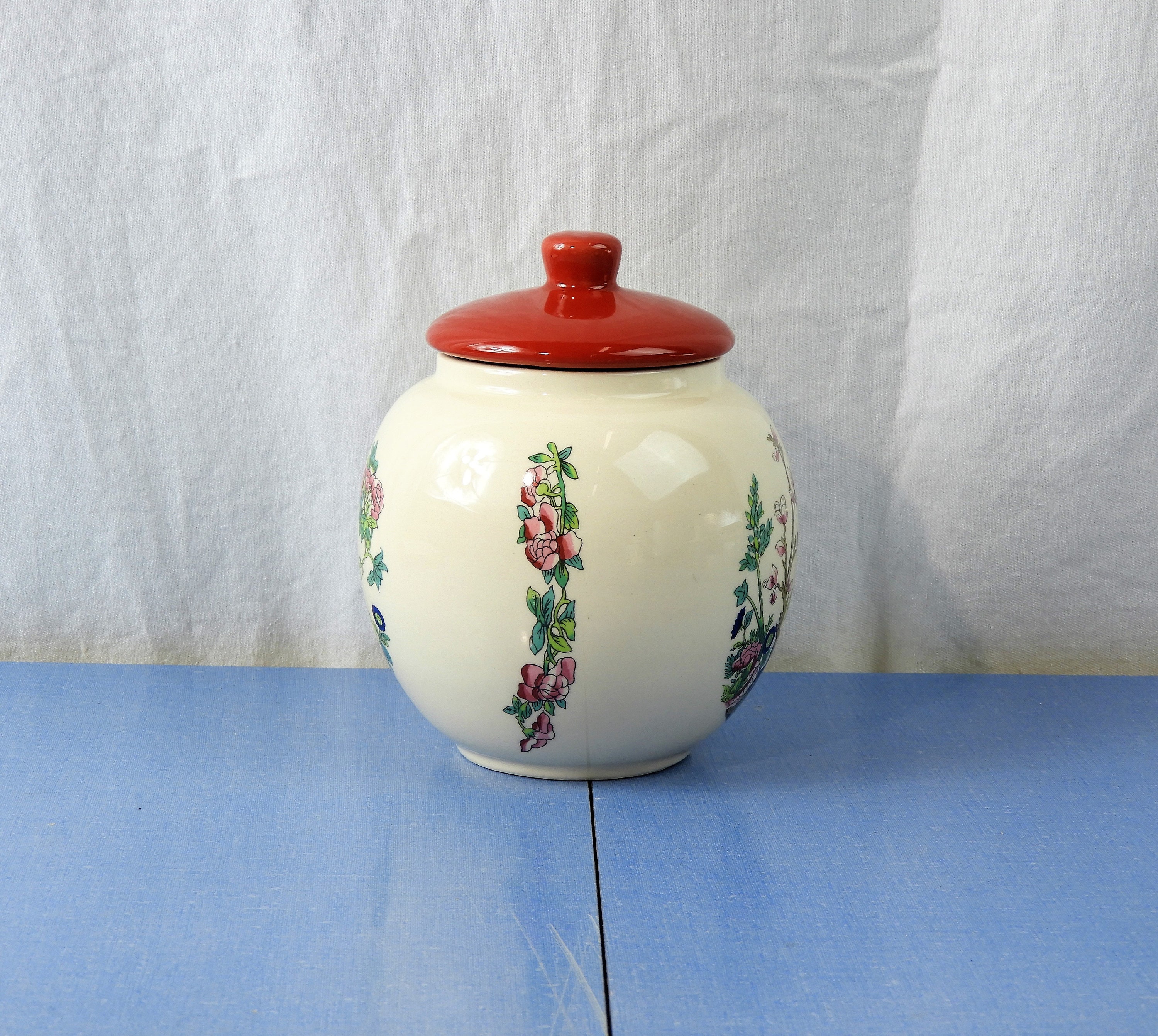 Vintage Sadler England Jar, White & Red Tea Caddy, Porcelain Storage