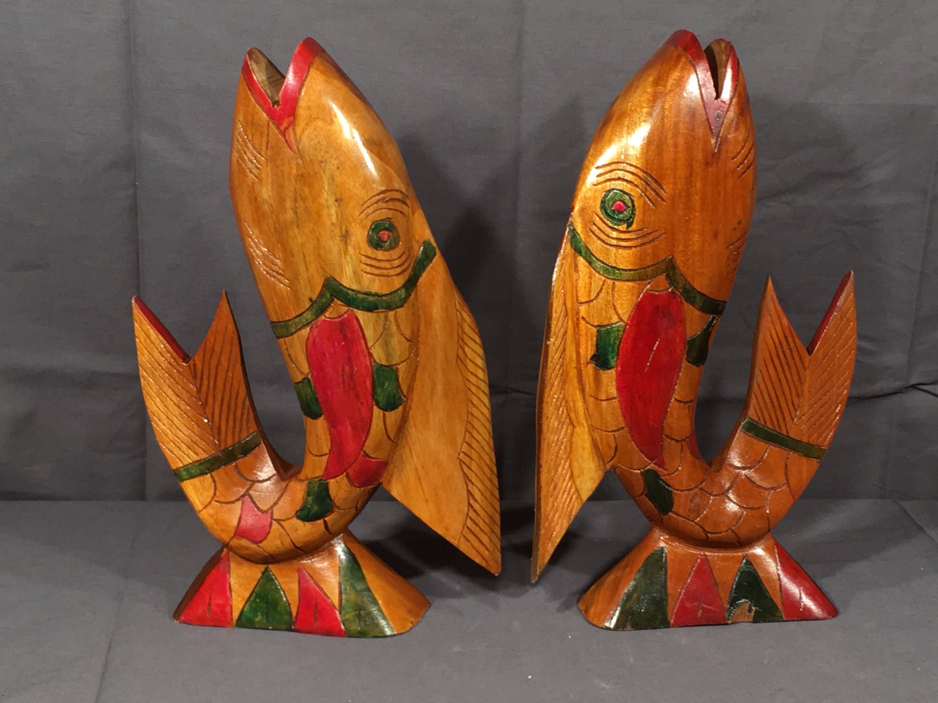 Vintage Fish Statues (2), Decorative Wood Fish Bookends, Nautical Home