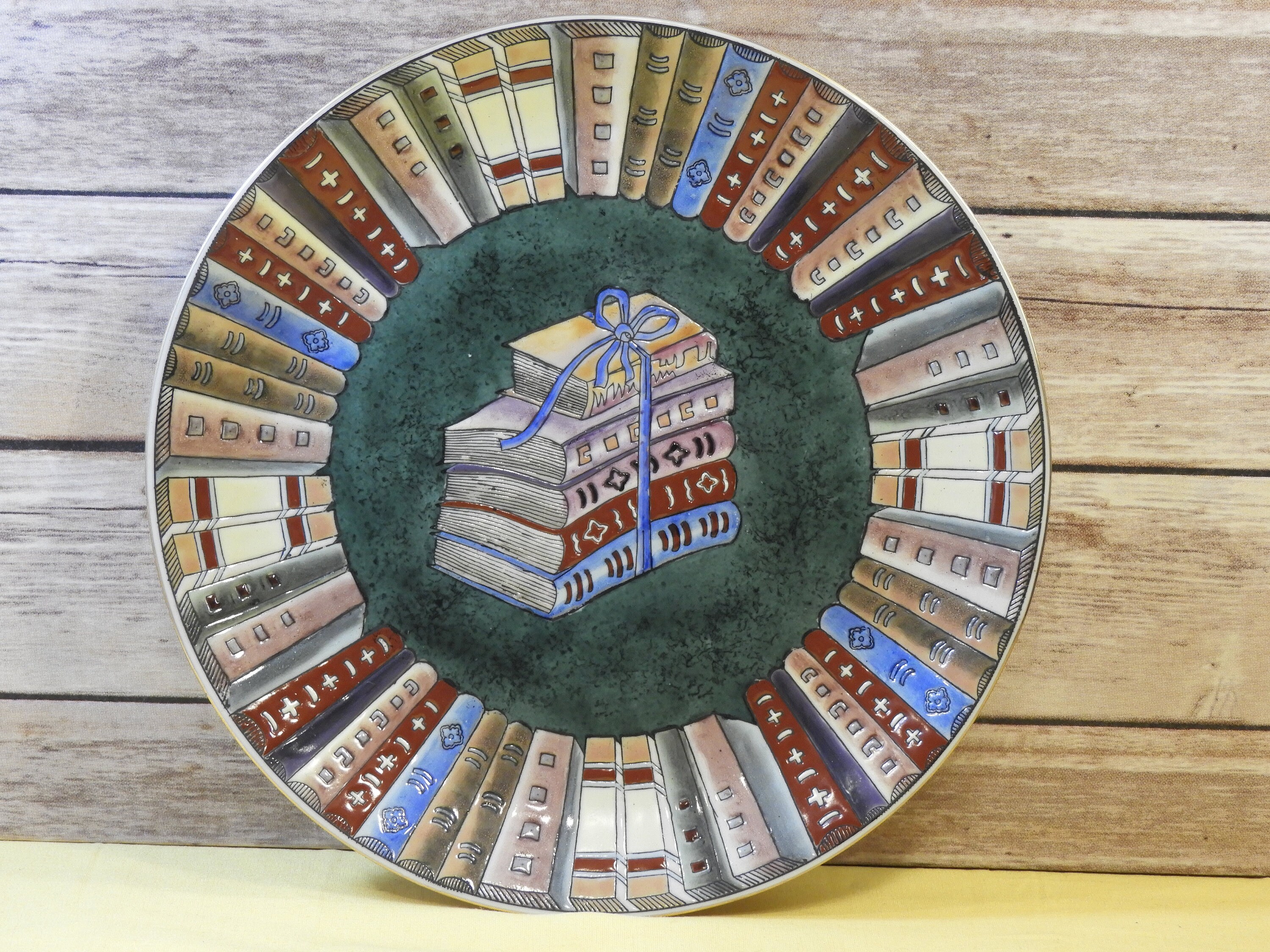 Vintage Plate of Knowledge, Oriental Tile Library Knowledge Plate,Green Ceramic Decorative Plate