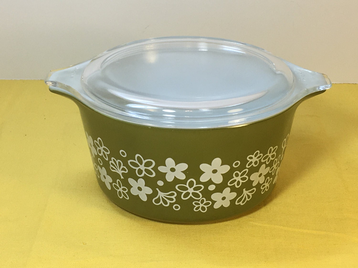 Vintage Pyrex 473 Daisy Olive Green Casserole Bowl, Corning Pyrex Green