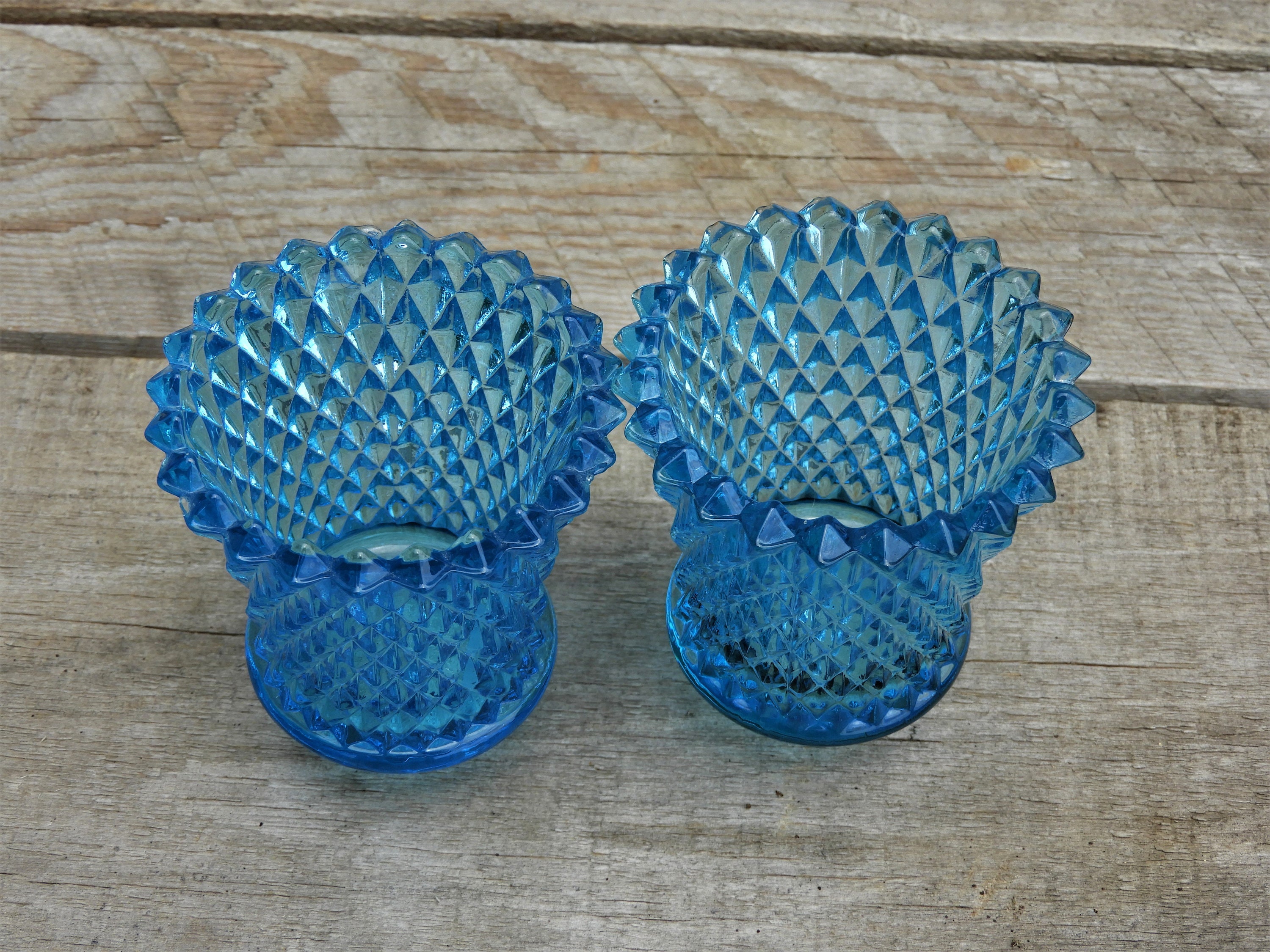 Vintage Votive Candle Holders (2), Ice Blue Glass Cups, Hobnail Diamond