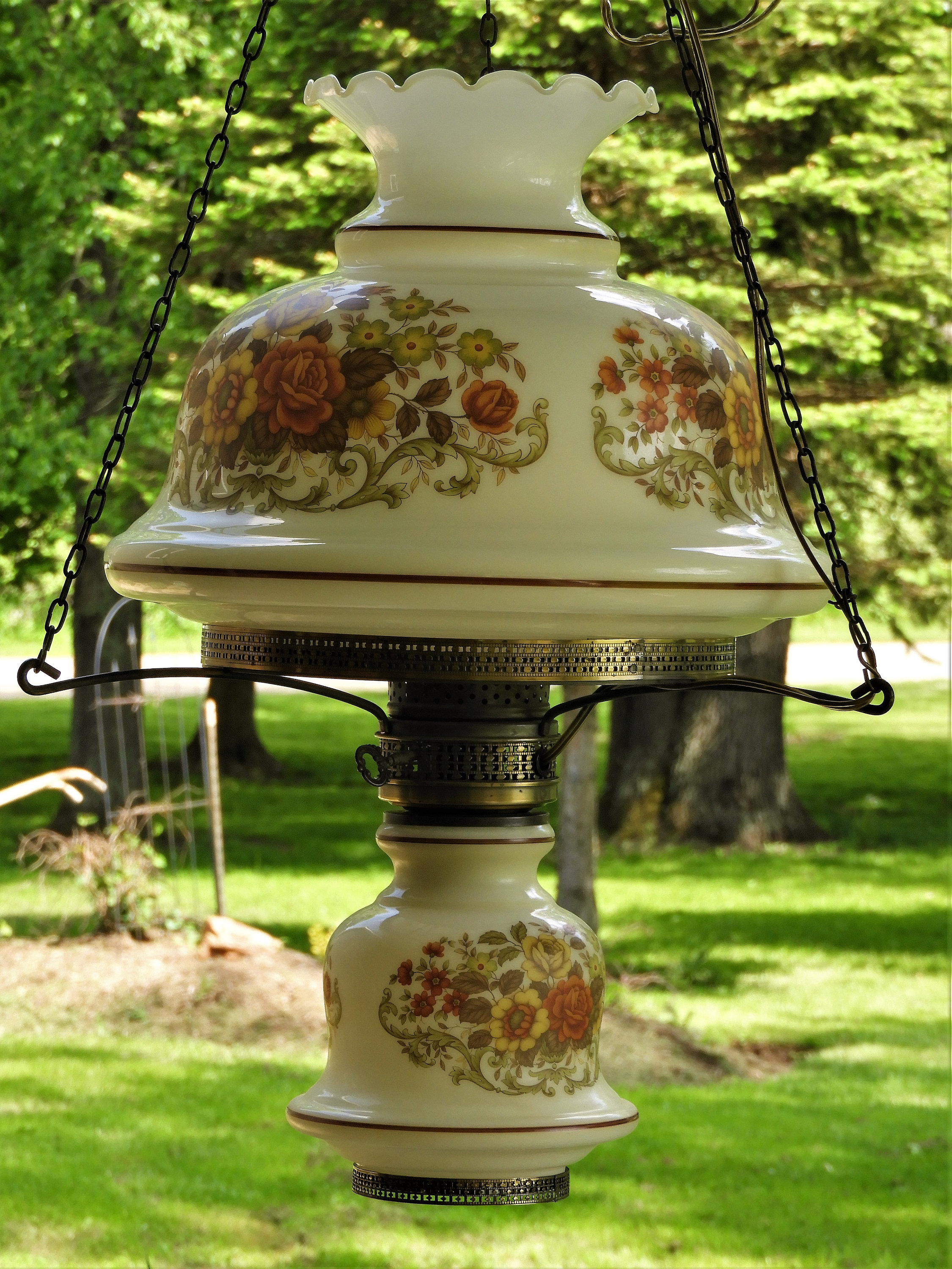 Vintage Hanging Hurricane Lamp, Brass & Glass Kitchen Light, Decorative