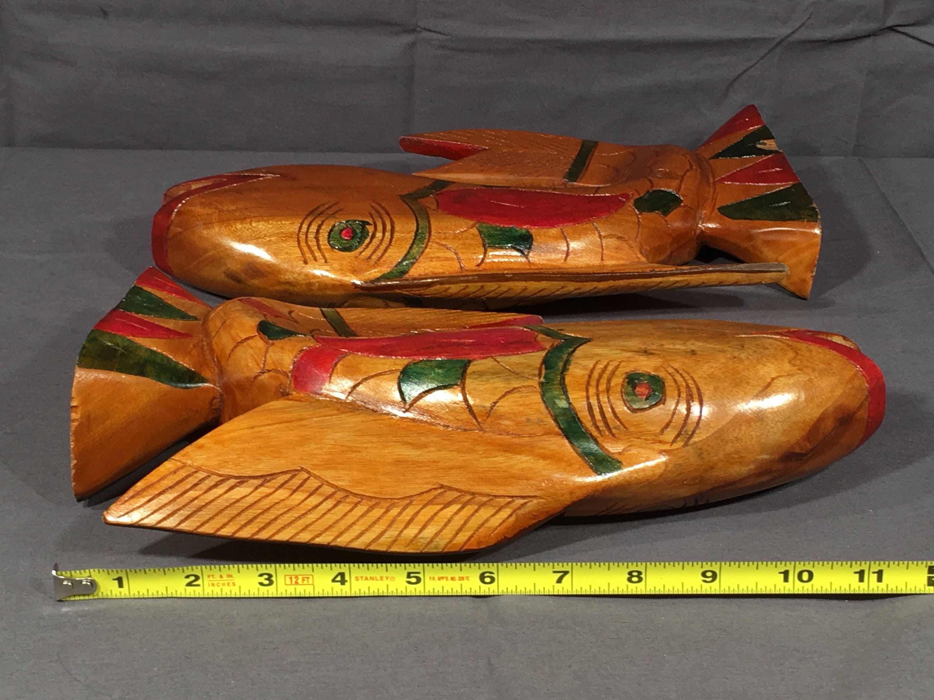 Vintage Fish Statues (2), Decorative Wood Fish Bookends, Nautical Home