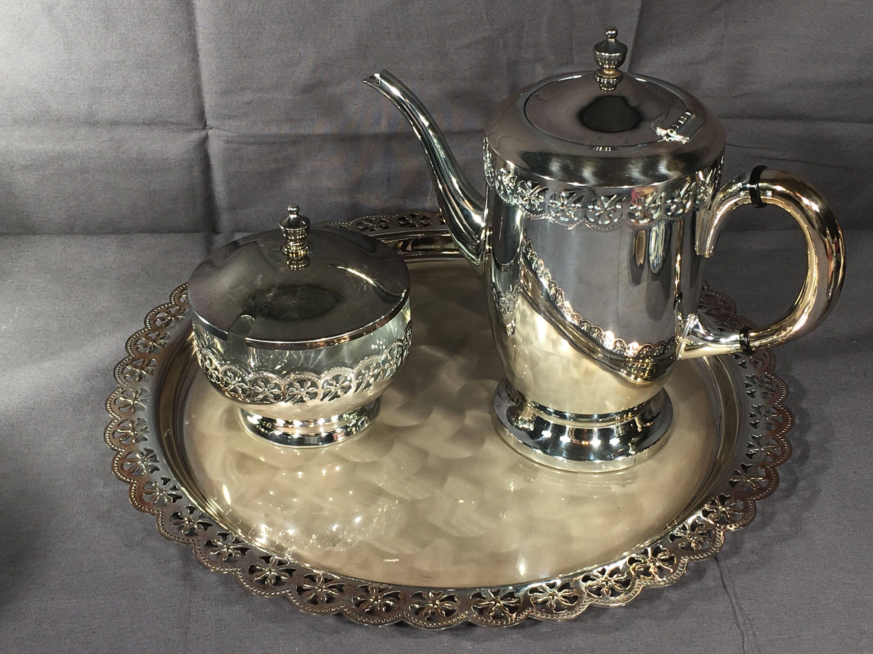 Vintage Silver Tea Set, Decorative Silver Plated Tray
