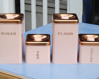 Vintage Kitchen Canisters (4), Pink & Copper Lincoln Beautyware, Square Kitchen Decor, Decorative Storage Bins, Retro Pink Containers