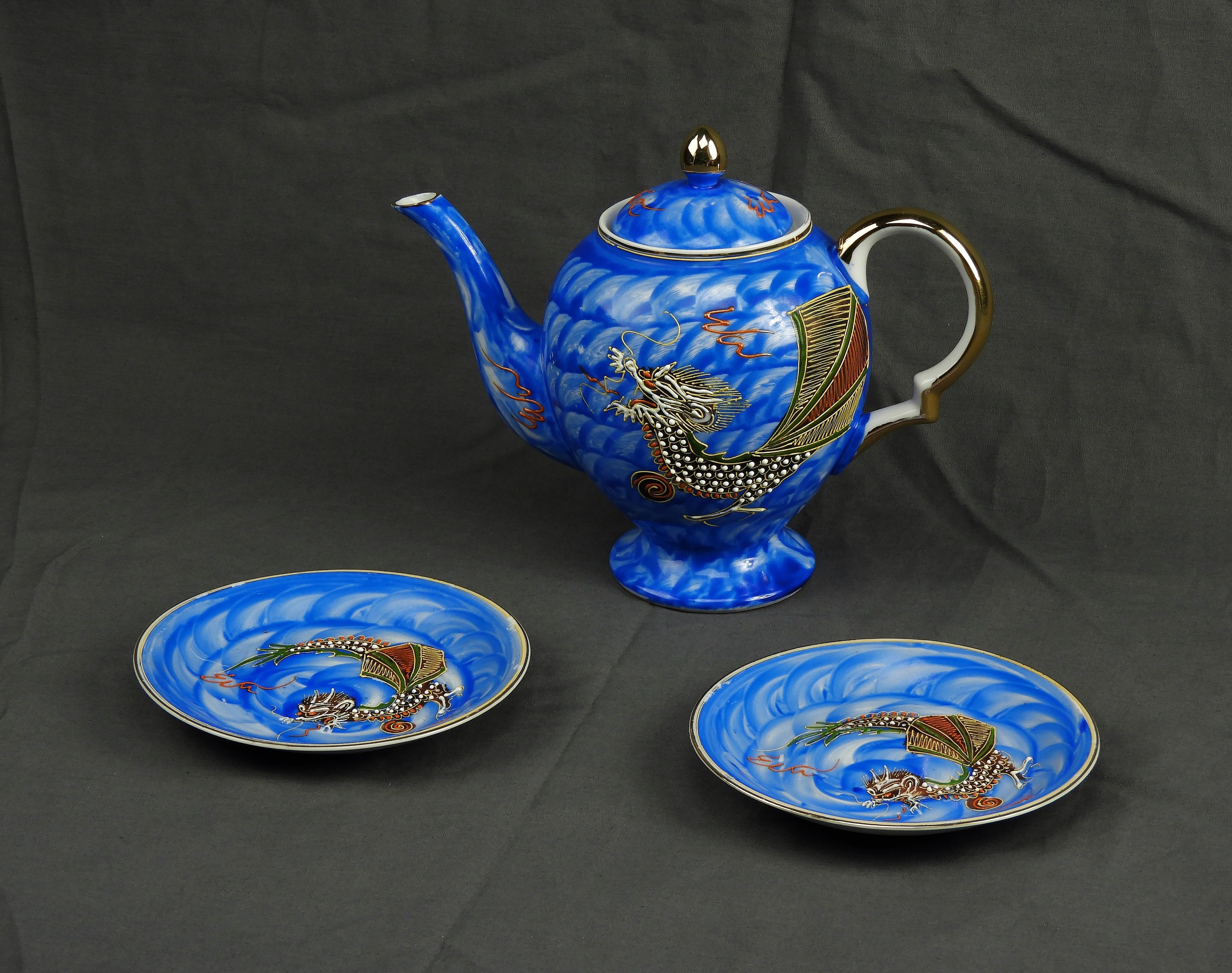 Vintage Asian Teapot & Saucers, Hong Kong China, Oriental Water Dragon