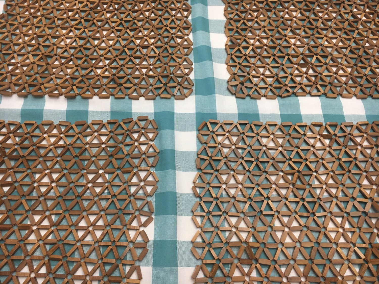 Vintage Set (4) Star Wooden Placemats, Brown Star Chain Wood Placemats