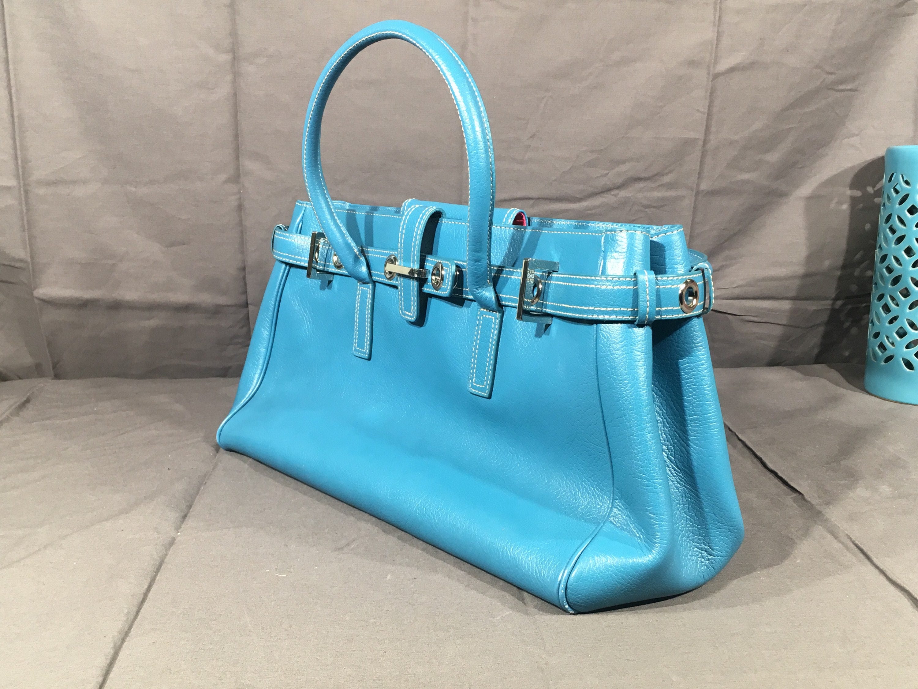 Vintage Nordstrom Leather Handbag, Blue & Pink Designer Hobo Bag, Large