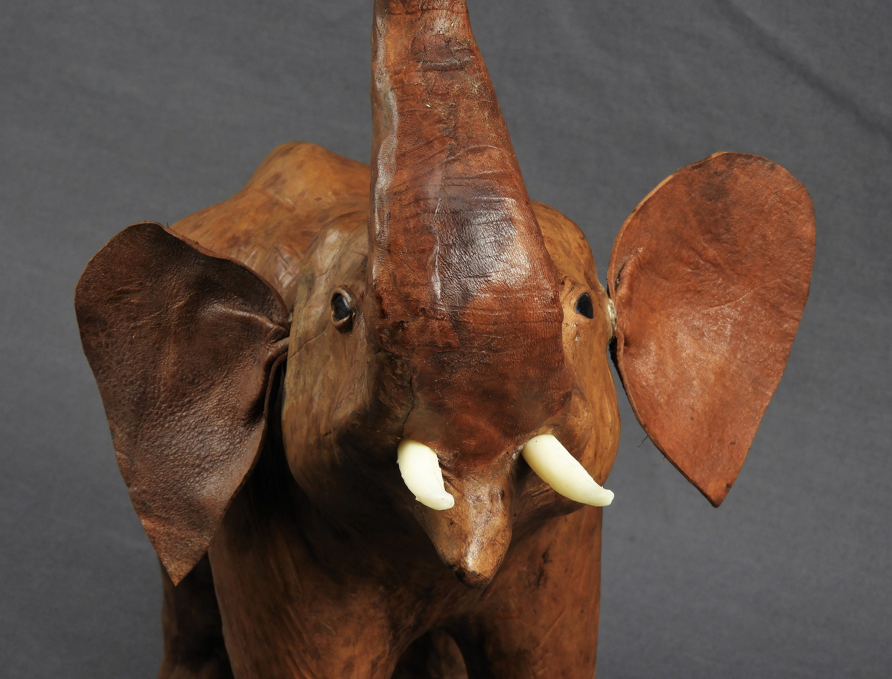 Vintage Leather Elephant, Brown Statue, Glass Eyes, African Wildlife