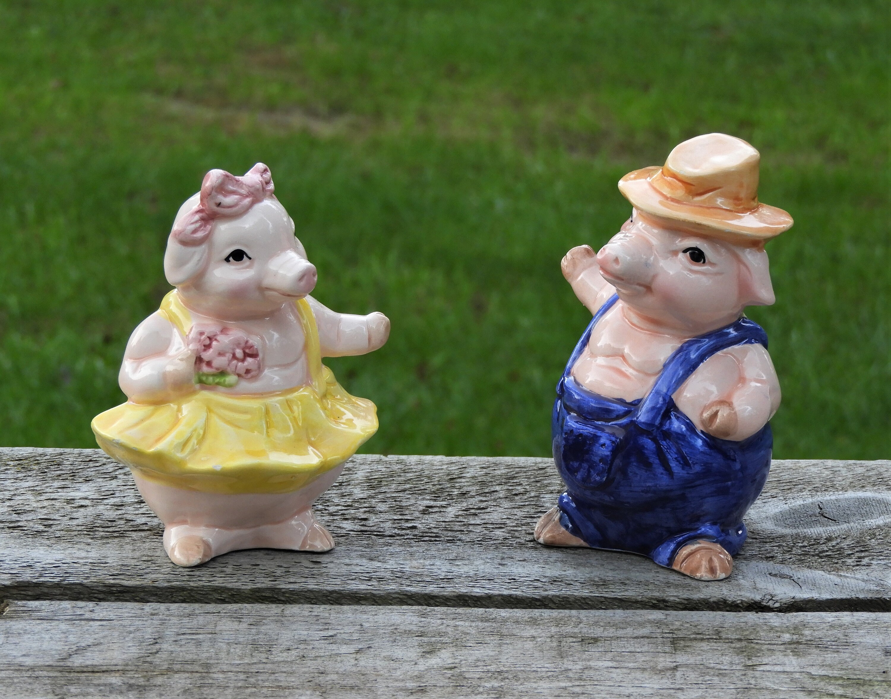 Vintage Pig Figurines (2), Farmer & Tutu Pig, Pink and Yellow Farm