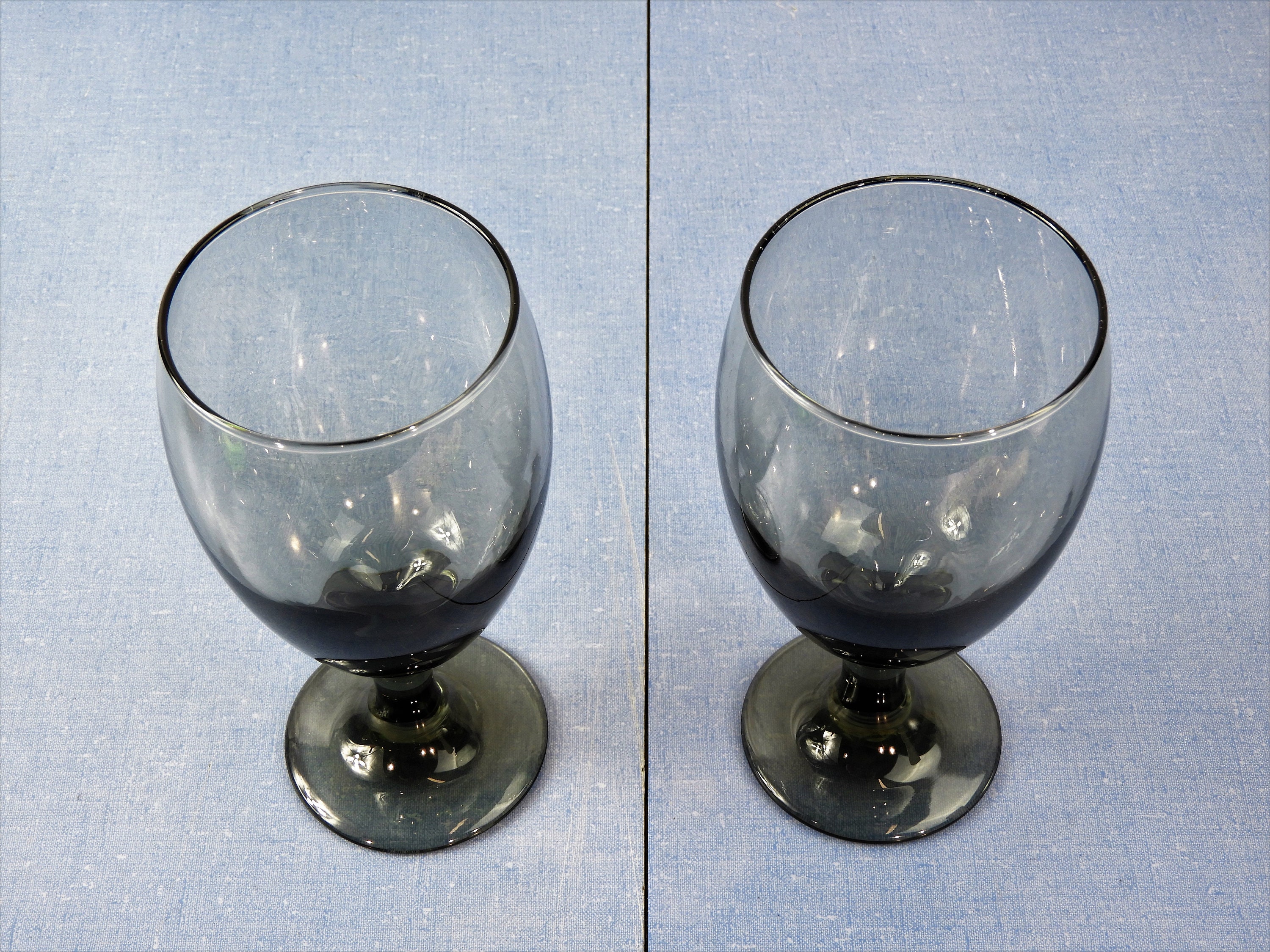 Vintage Fenton Goblets (2), Smoke Glass Stemware, Clear Gray Glasses, Blown Glassware, 16 oz