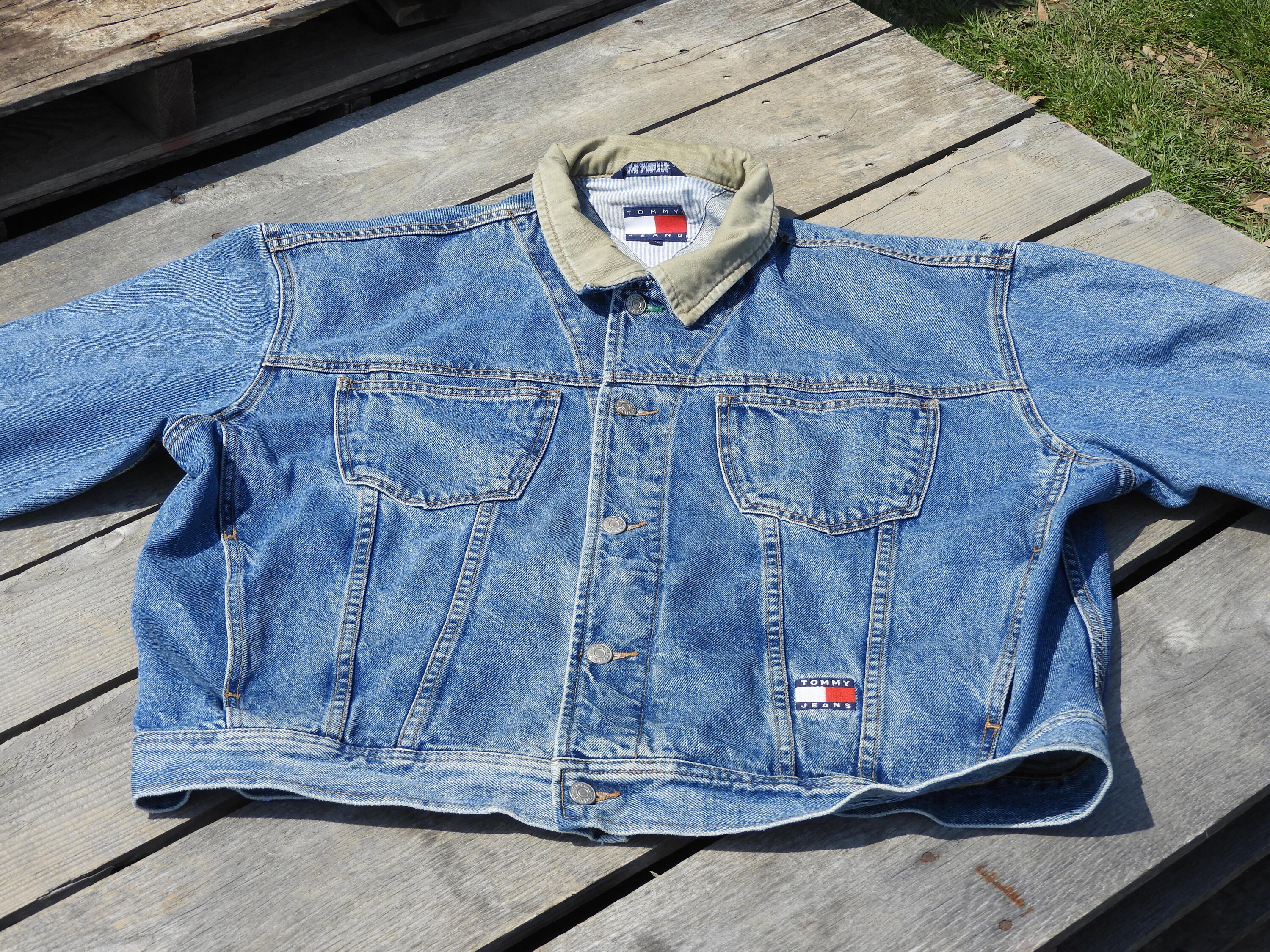 Vintage Tommy Hilfiger Jacket, Blue Jean Trucker Coat, Mens XXL Fashion