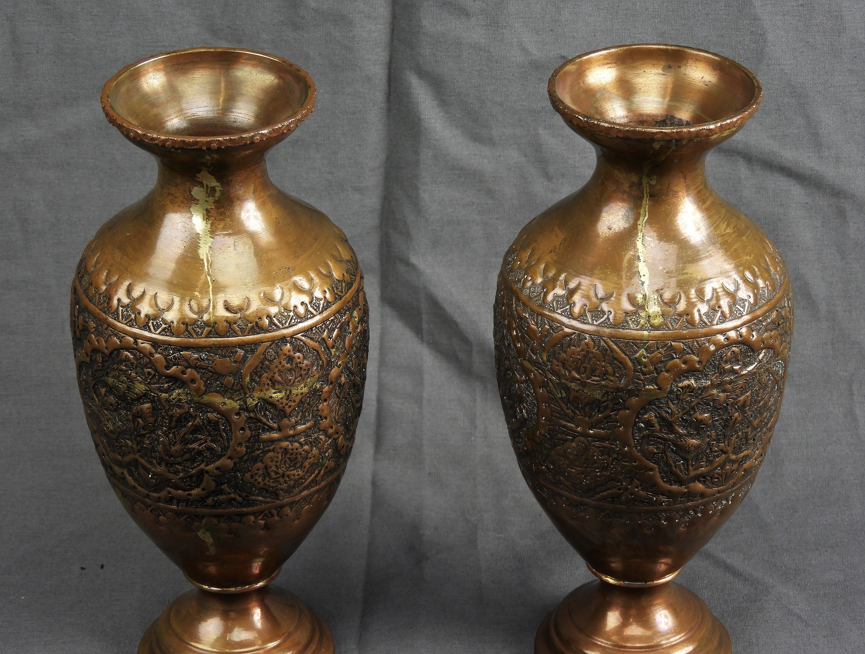 Antique Copper Vases, Persian Huma Bird, Embossed Vase, Ornate Urn