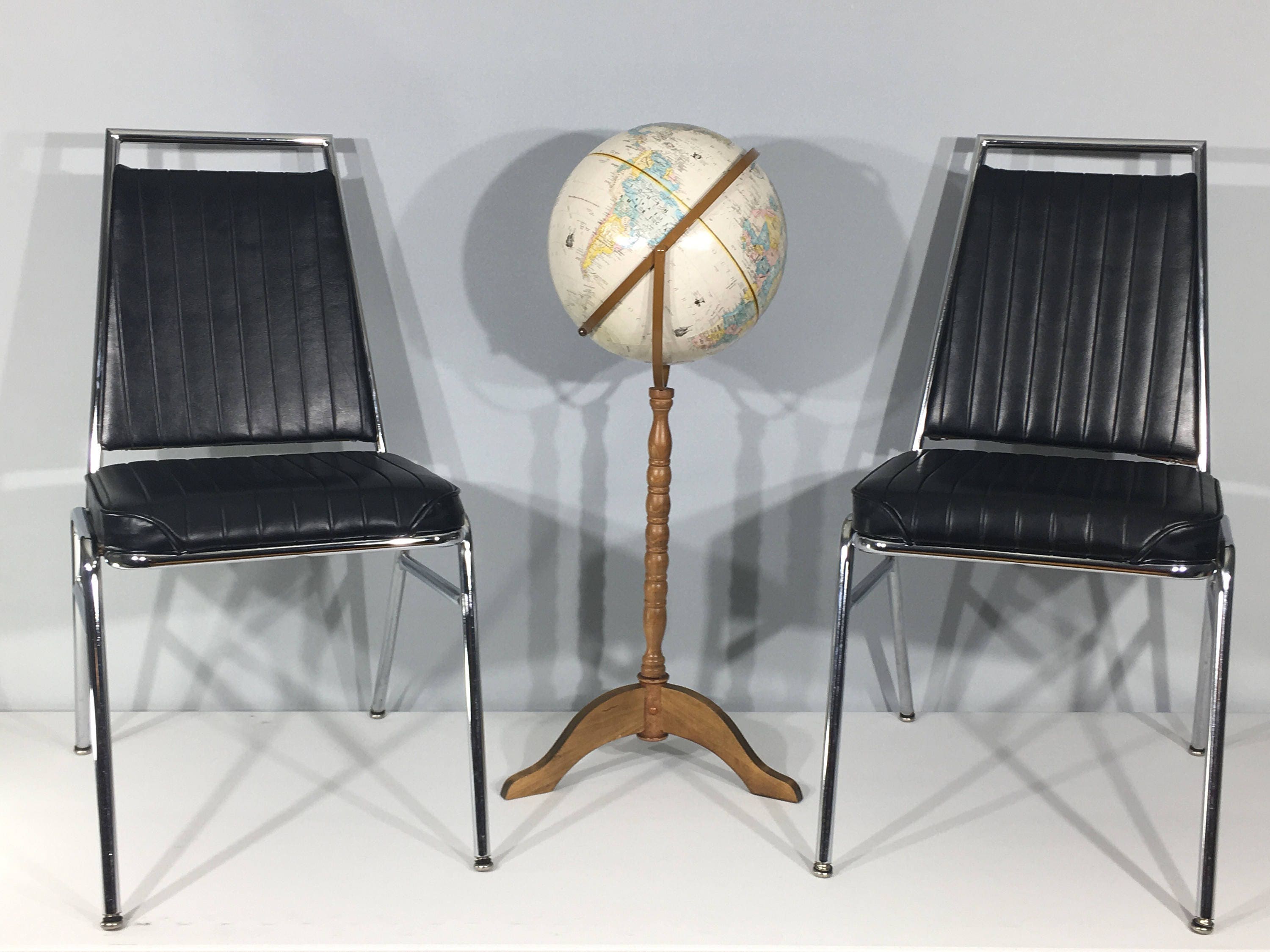 Vintage Chromcraft Chairs (2), Black Leather & Silver Metal Furniture