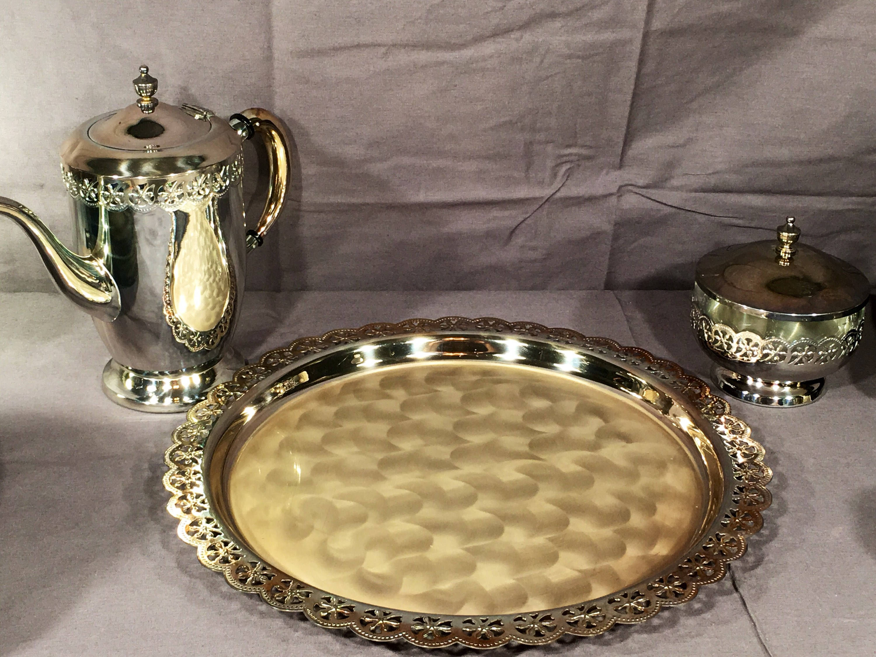 Vintage Silver Tea Set, Decorative Silver Plated Tray Teapot Sugar Bowl