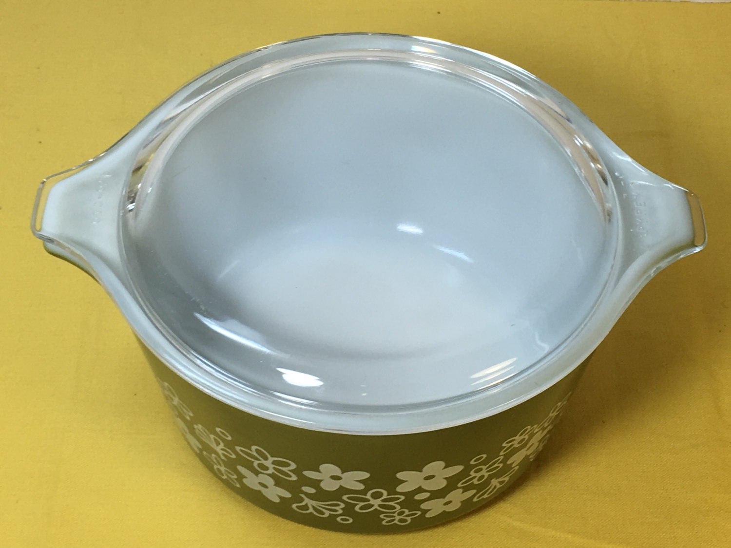 Vintage Pyrex 473 Daisy Olive Green Casserole Bowl, Corning Pyrex Green