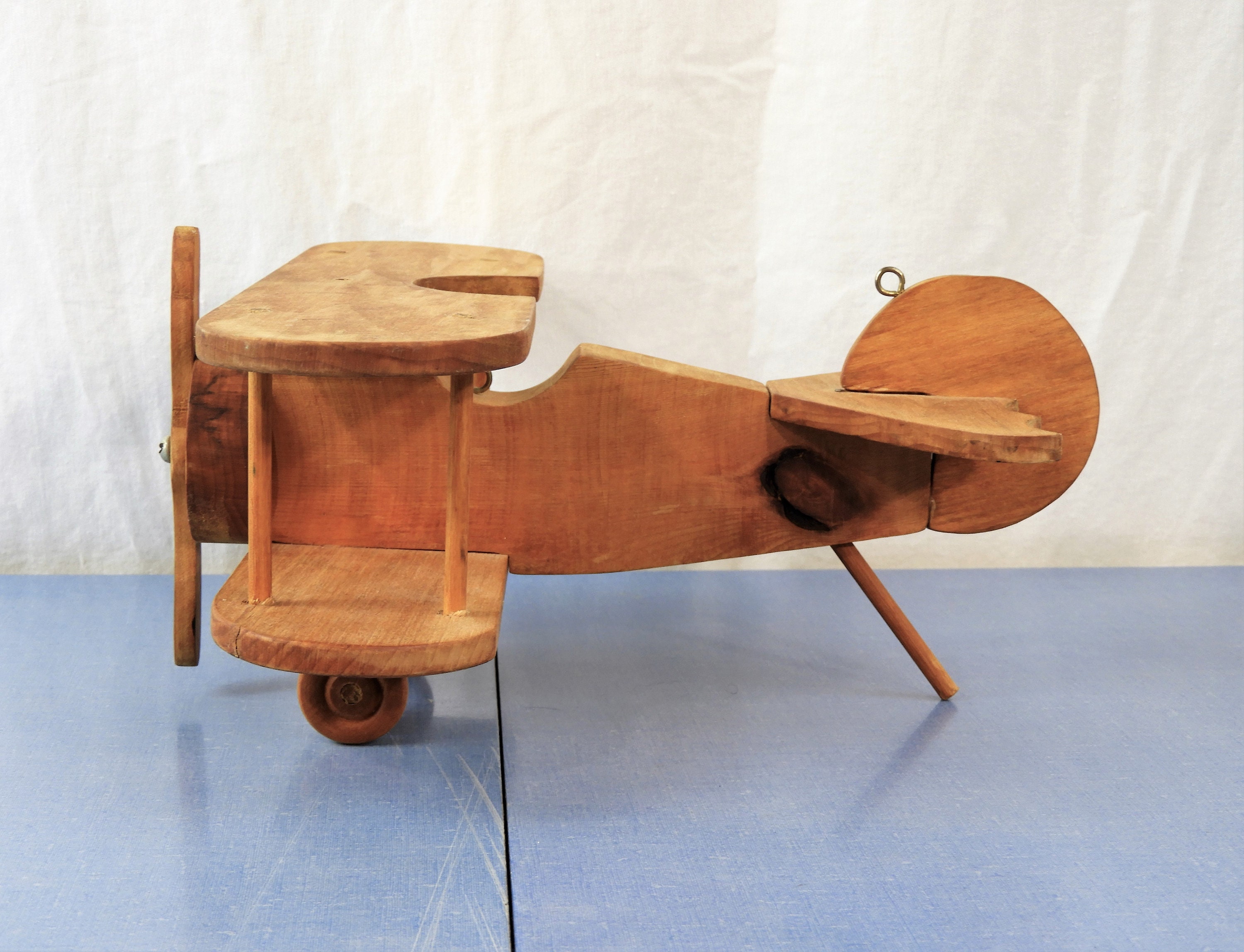 Vintage Wooden Plane, Brown Biplane, Wood Toy, Childrens Room Decor