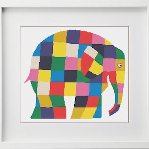 May include: A colorful abstract elephant illustration made up of squares in various colors, including red, yellow, blue, green, pink, and white.