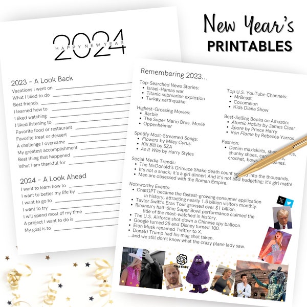 New Year's Eve Printable Time Capsule | 2023 Year In Review | 2024 Resolutions | Family Kids Reflections Party Activity NYE V3