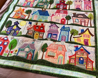 The Neighborhood Wall Quilt 34” x 34” machine appliqued and embroidered homes.