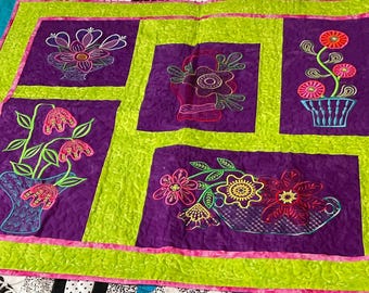 Mini MajesticEmbroidered Quilted Wall Hanging, Colorful Floral textile Art,Handmade wall decor, one of a kind 37” x 34”